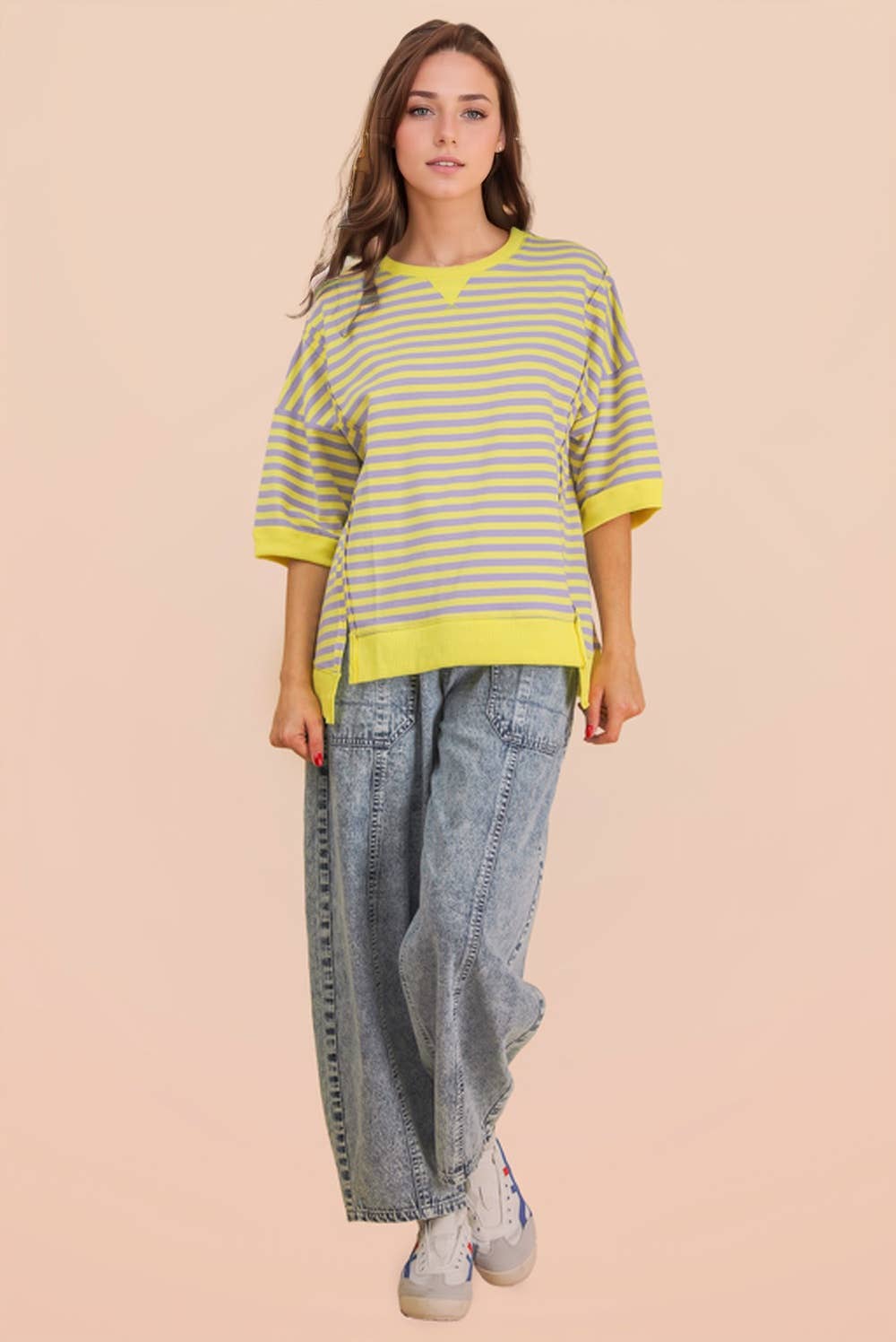 Oversized Stripe Casual Knit Top in Lavender & Lemon