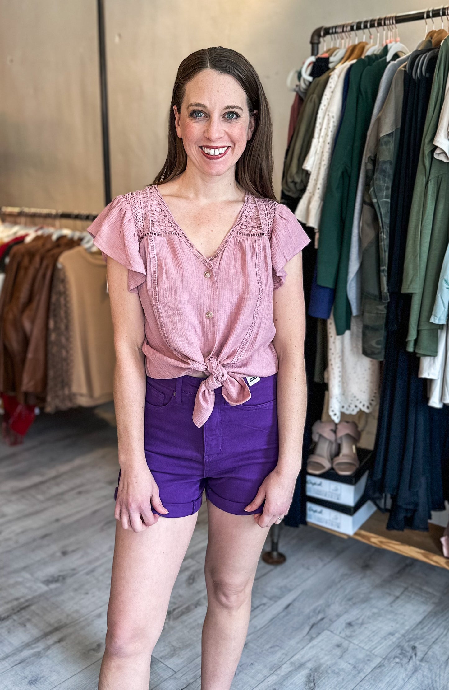 Jenna High Rise Control Top Cuffed Shorts in Purple