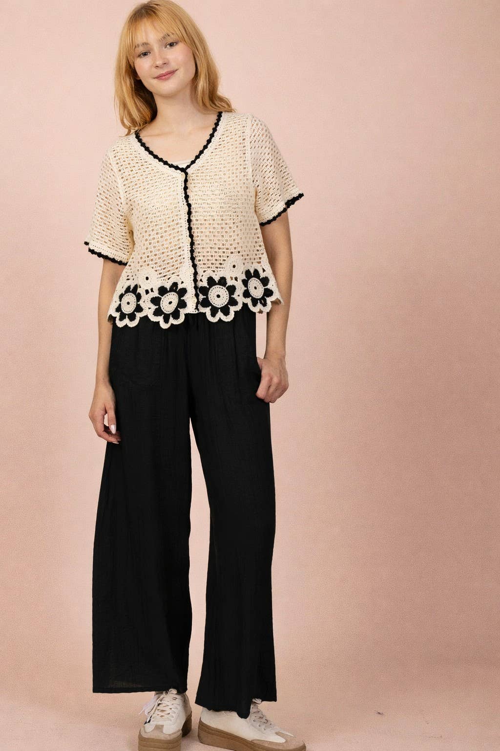 NT12550-Floral Hem Crochet Button Down Top