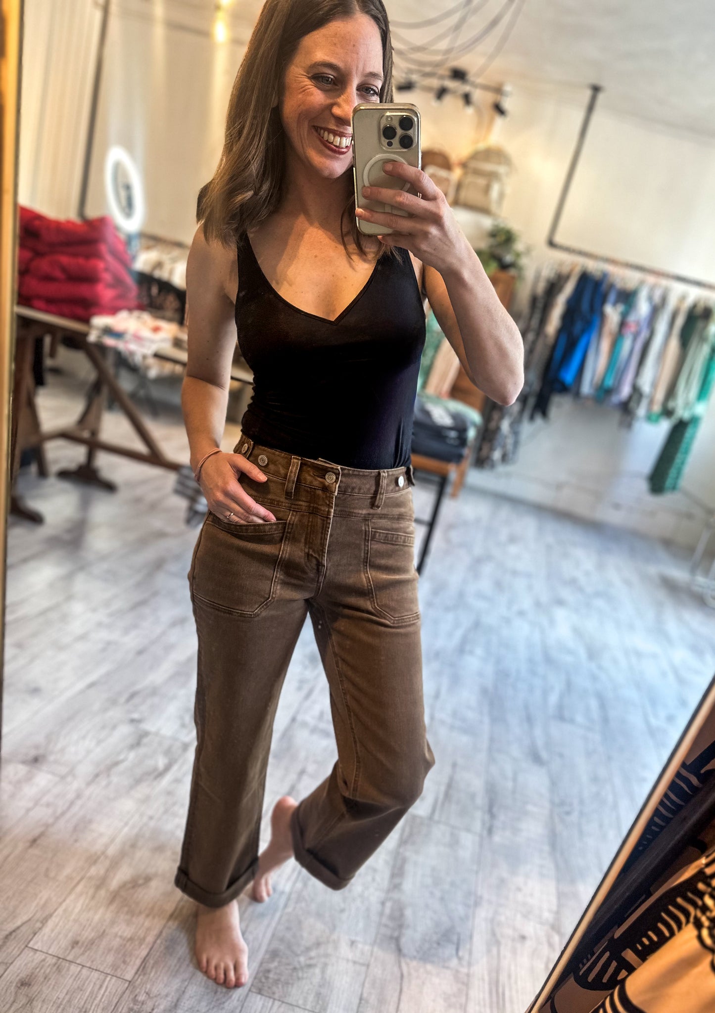 High Rise Tabbed Slim Wide Denim in Coffee by Flying Monkey