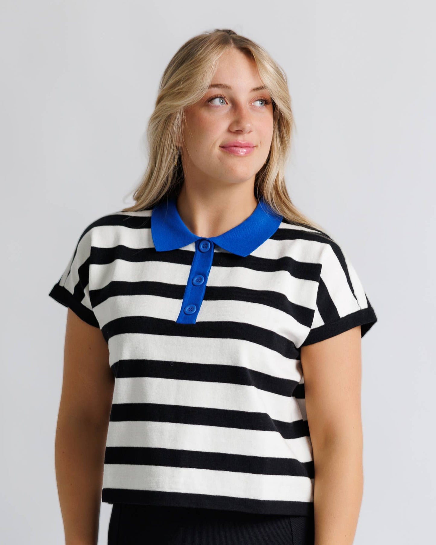 Promenade Black and White Striped Sweater Polo Pullover