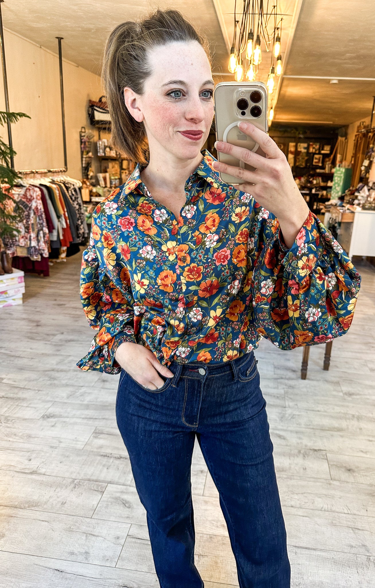 Cassidy Floral Button Down Top in Navy, Rust and Green