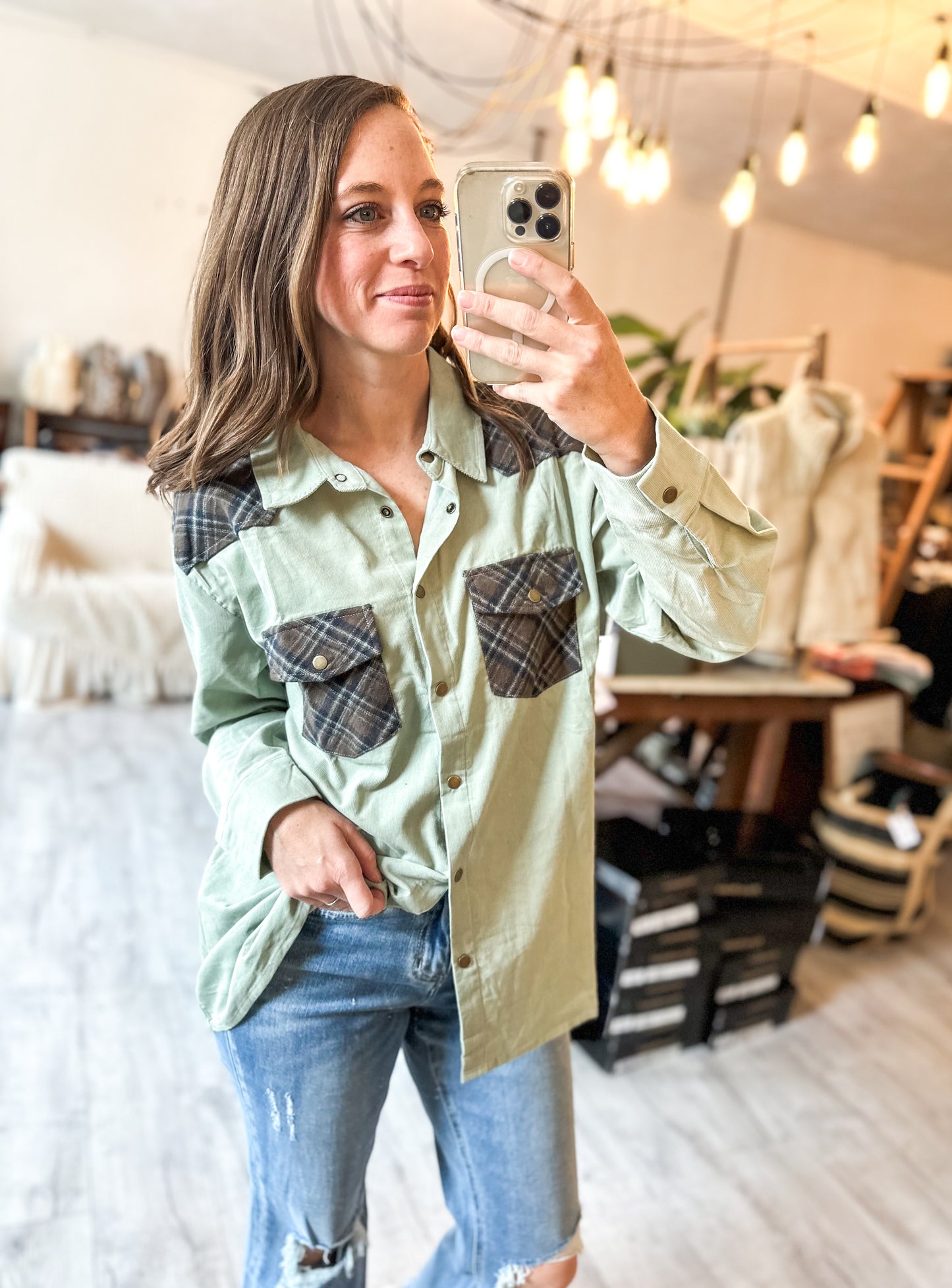 Corduroy Plaid Snap Western Top in Sage