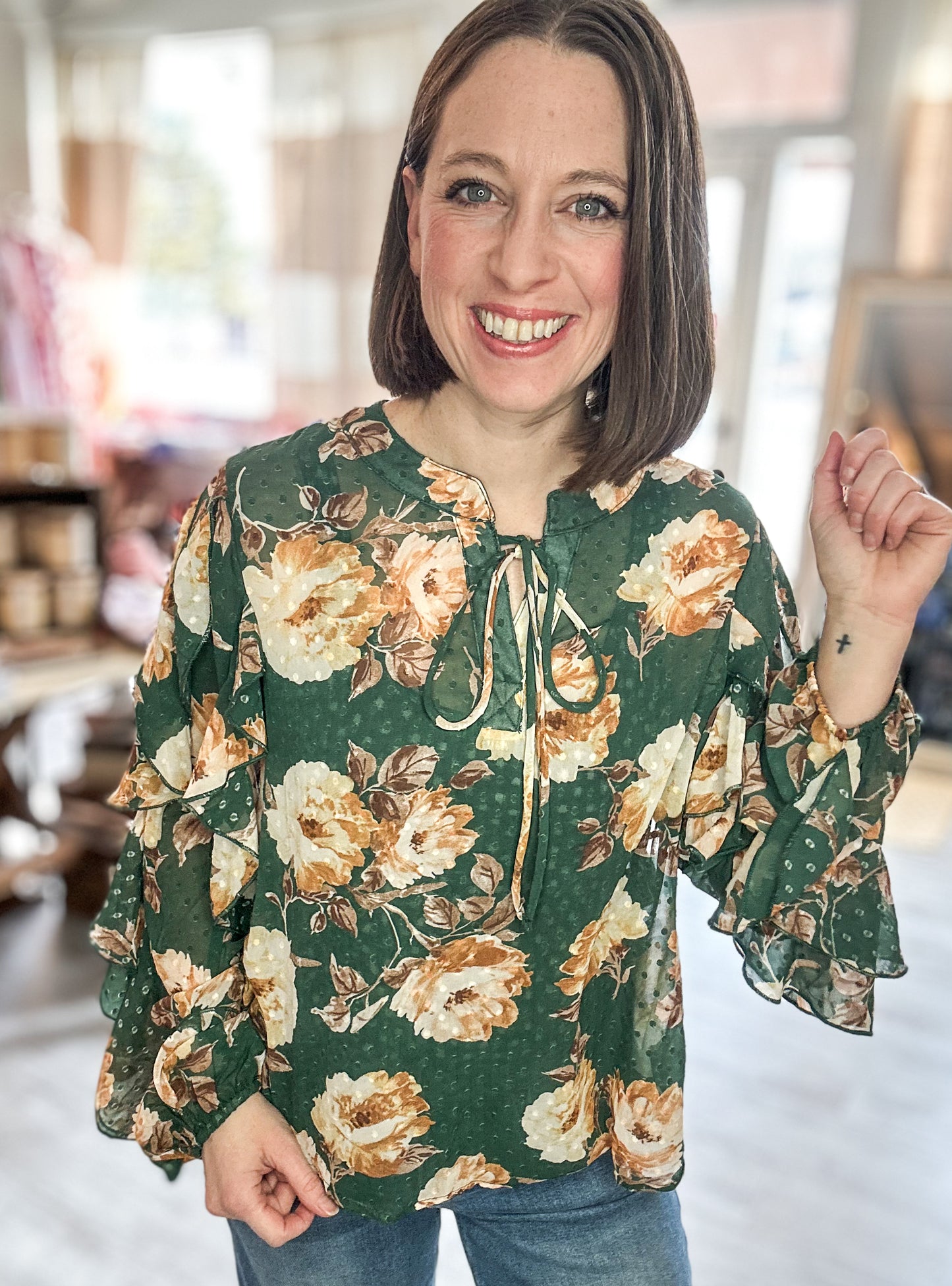 Dotted Floral Textured Blouse in Green and Gold