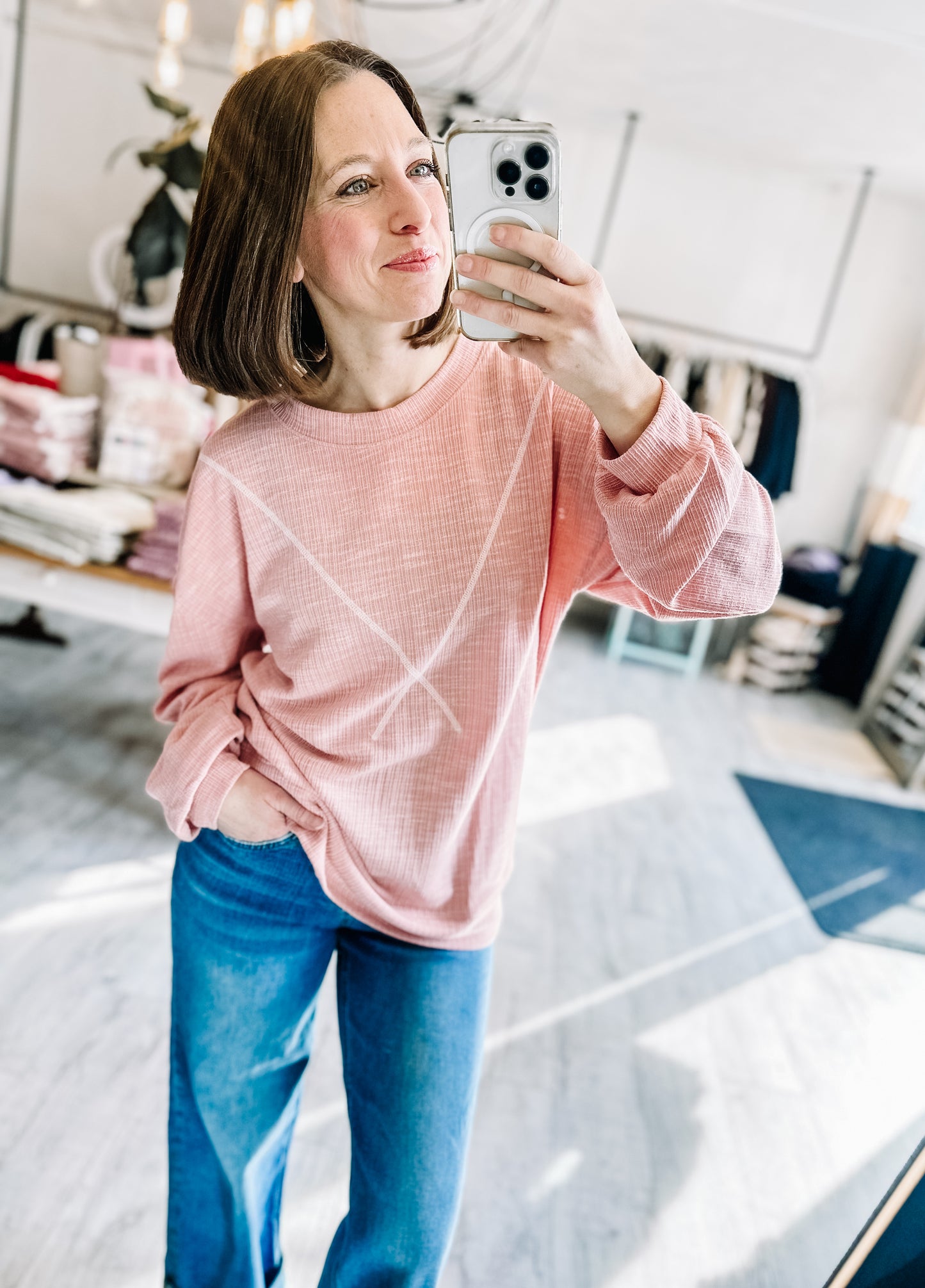 Ribbed Knit V Stitch Top in Mauve
