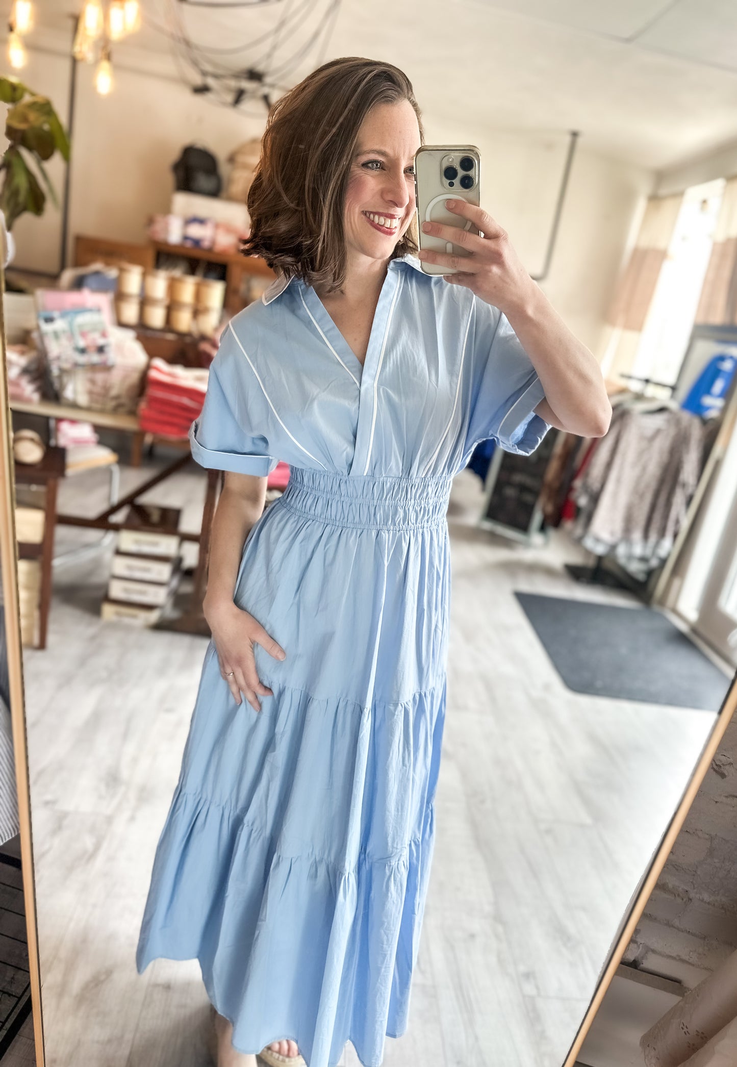 Piping Detail Tiered Layered Midi Dress in Light Blue