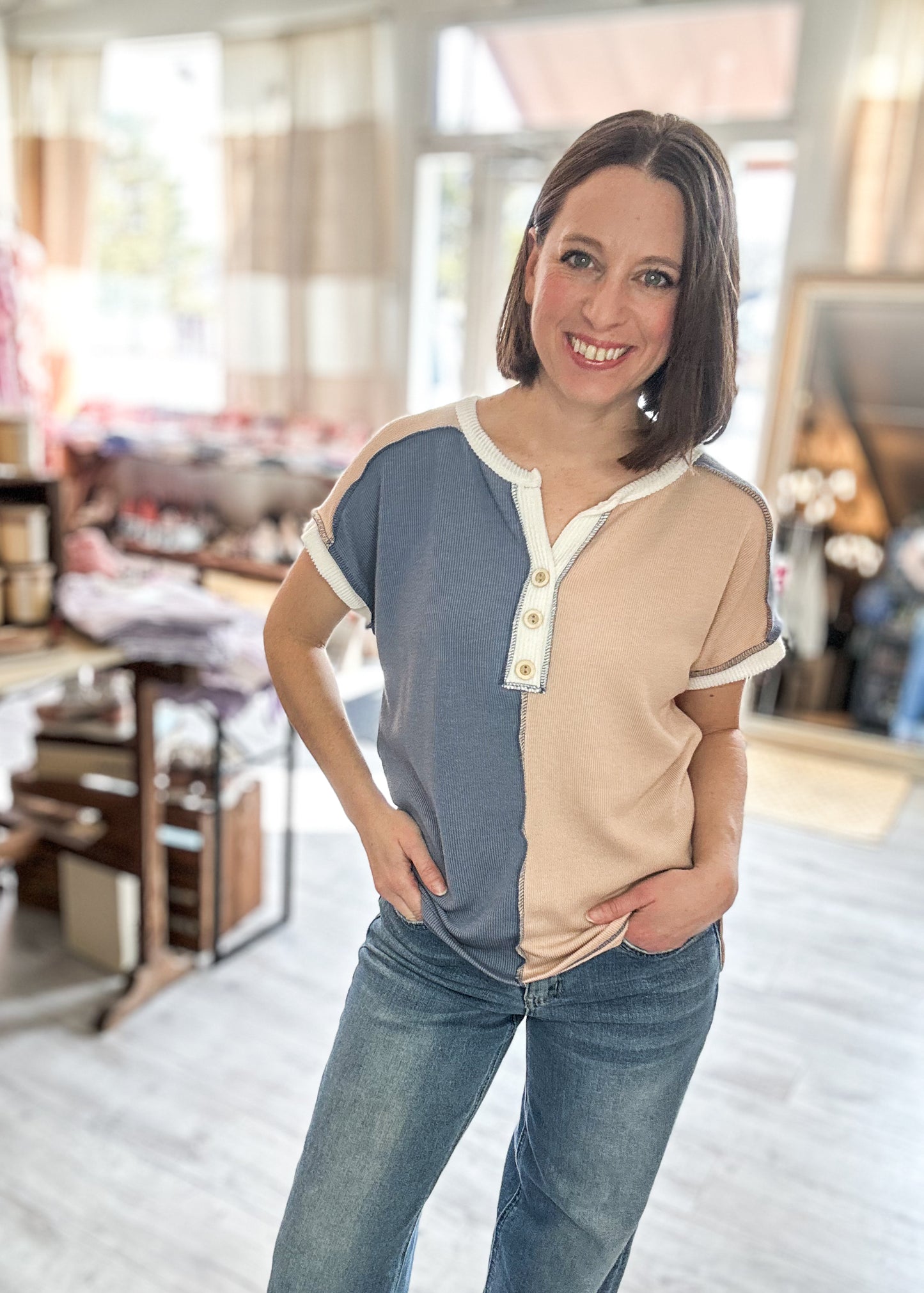 Ribbed Color Block Button front Short Sleeves Top in Denim Blue