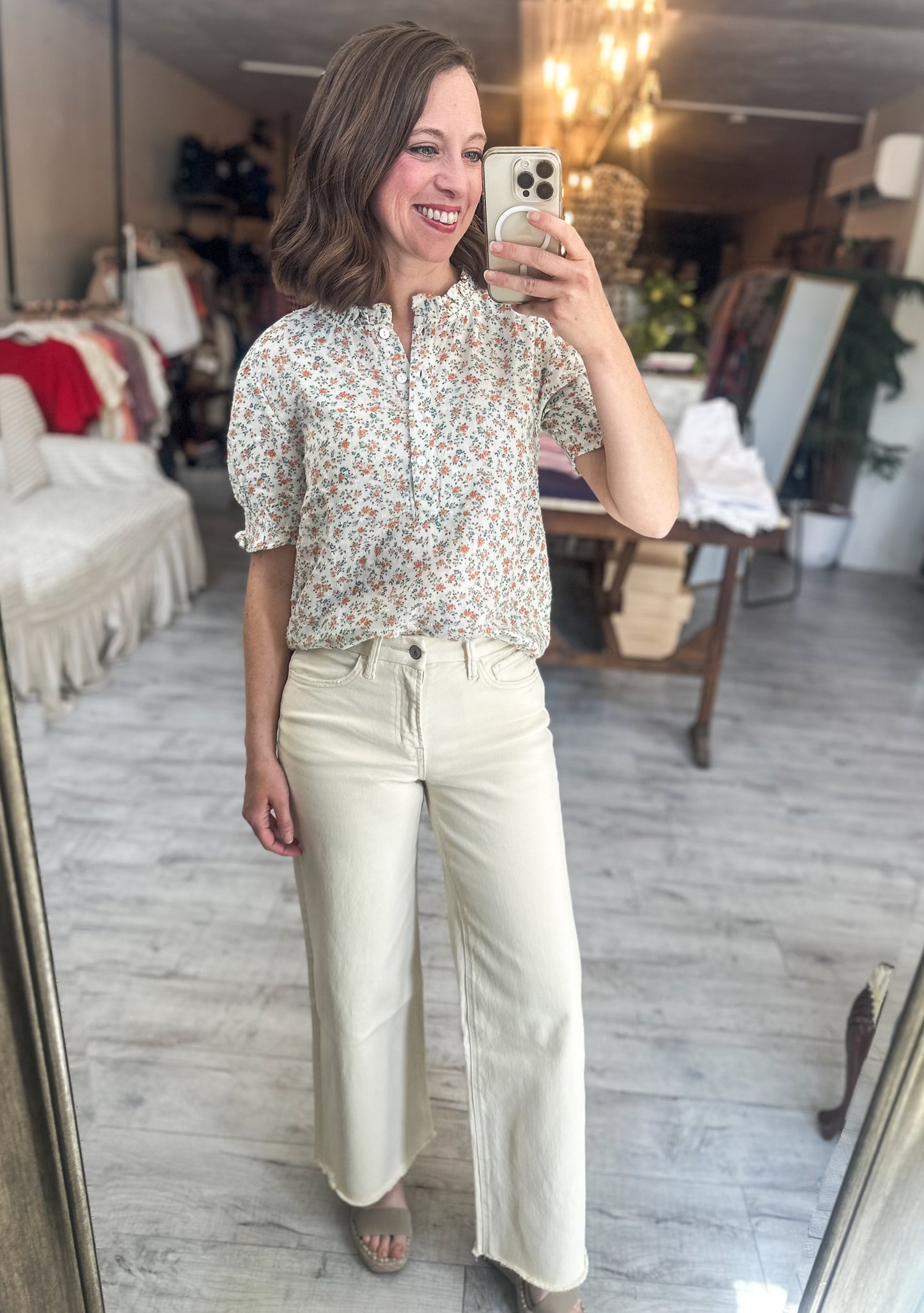 Aria Dainty Floral Print Short Sleeve Ruffle Neckline Blouse