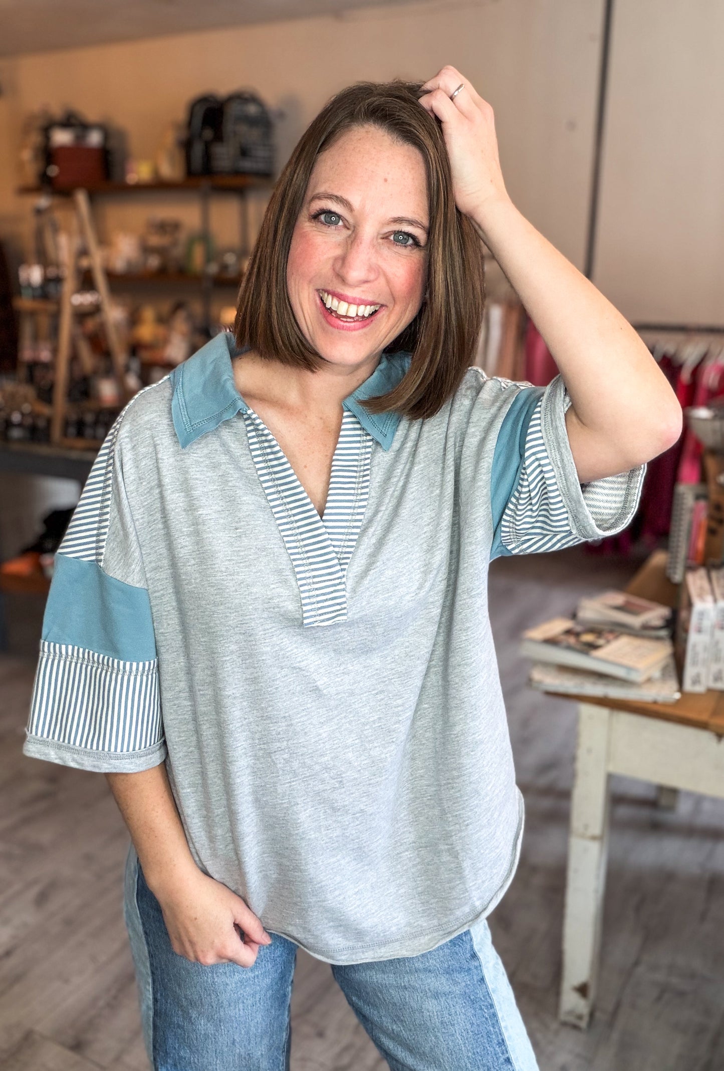 Oversized Half Sleeve Casual Knit Top in Grey & Blue