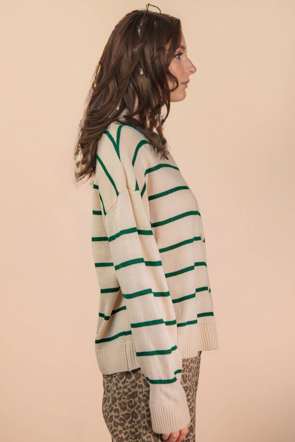 Oversized Button Down Striped Casual Sweater in Green