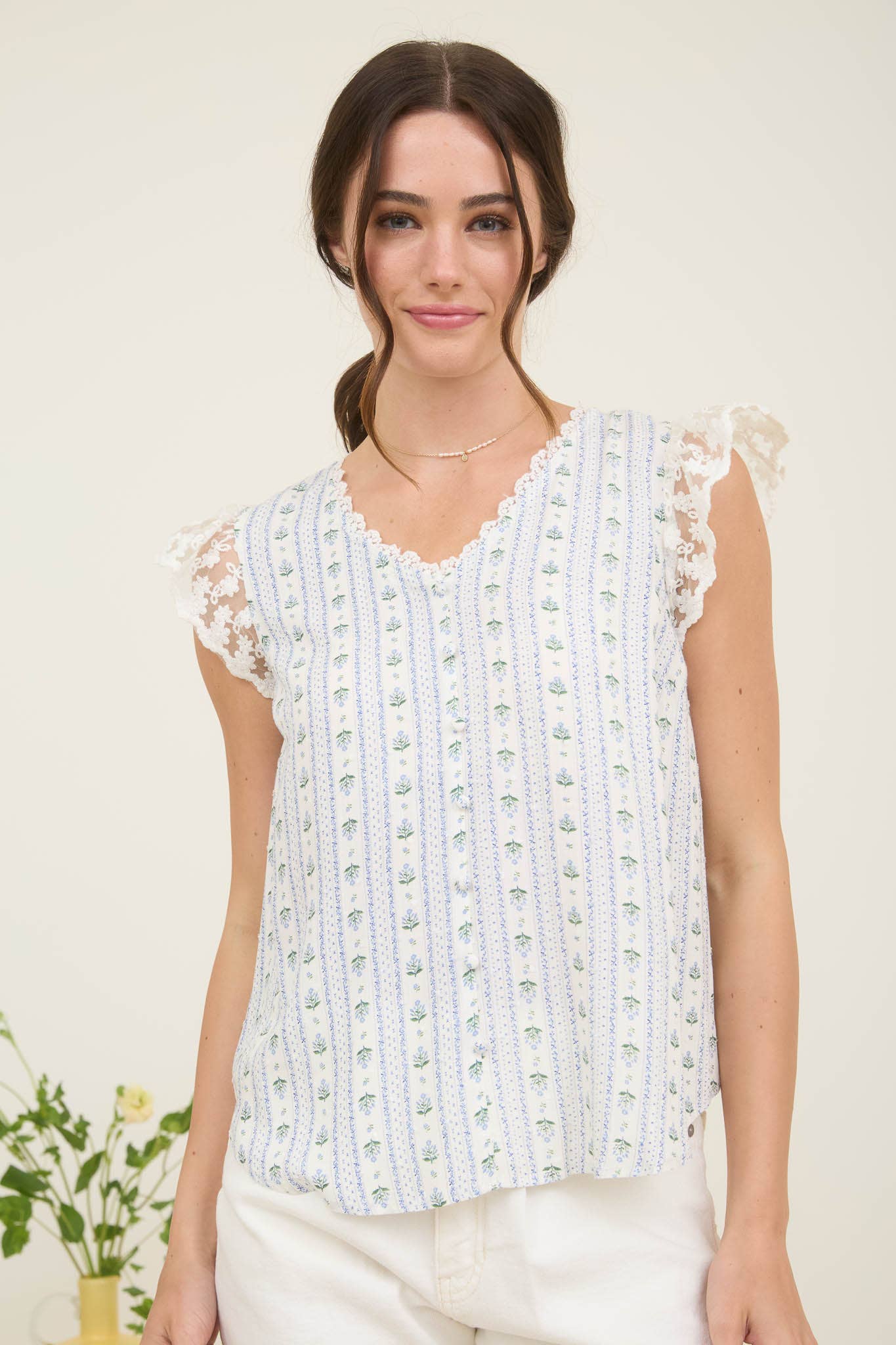 Stripe Floral V Neck Lace Trim Button Down in Blues