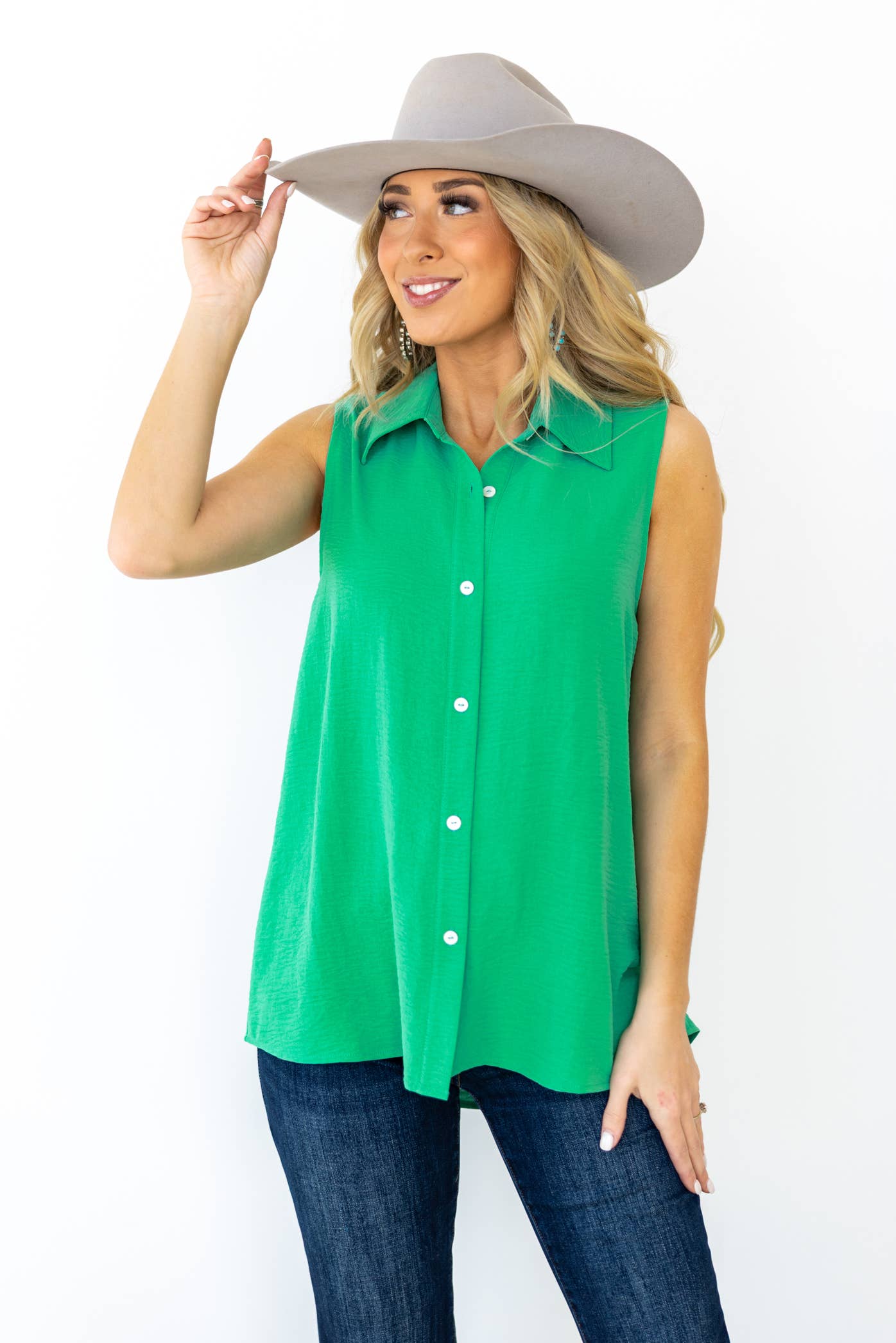 Button Down Woven Blouse Top in Bright Green