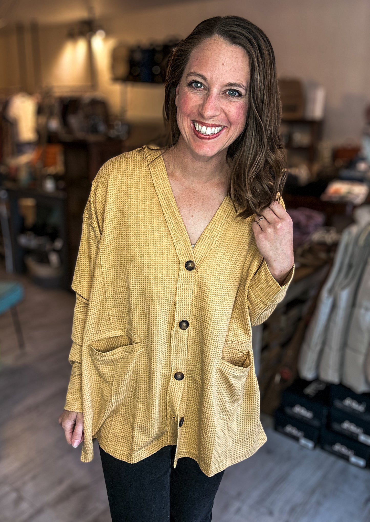 Two-Tone Charm Cardigan in Marigold and Magenta