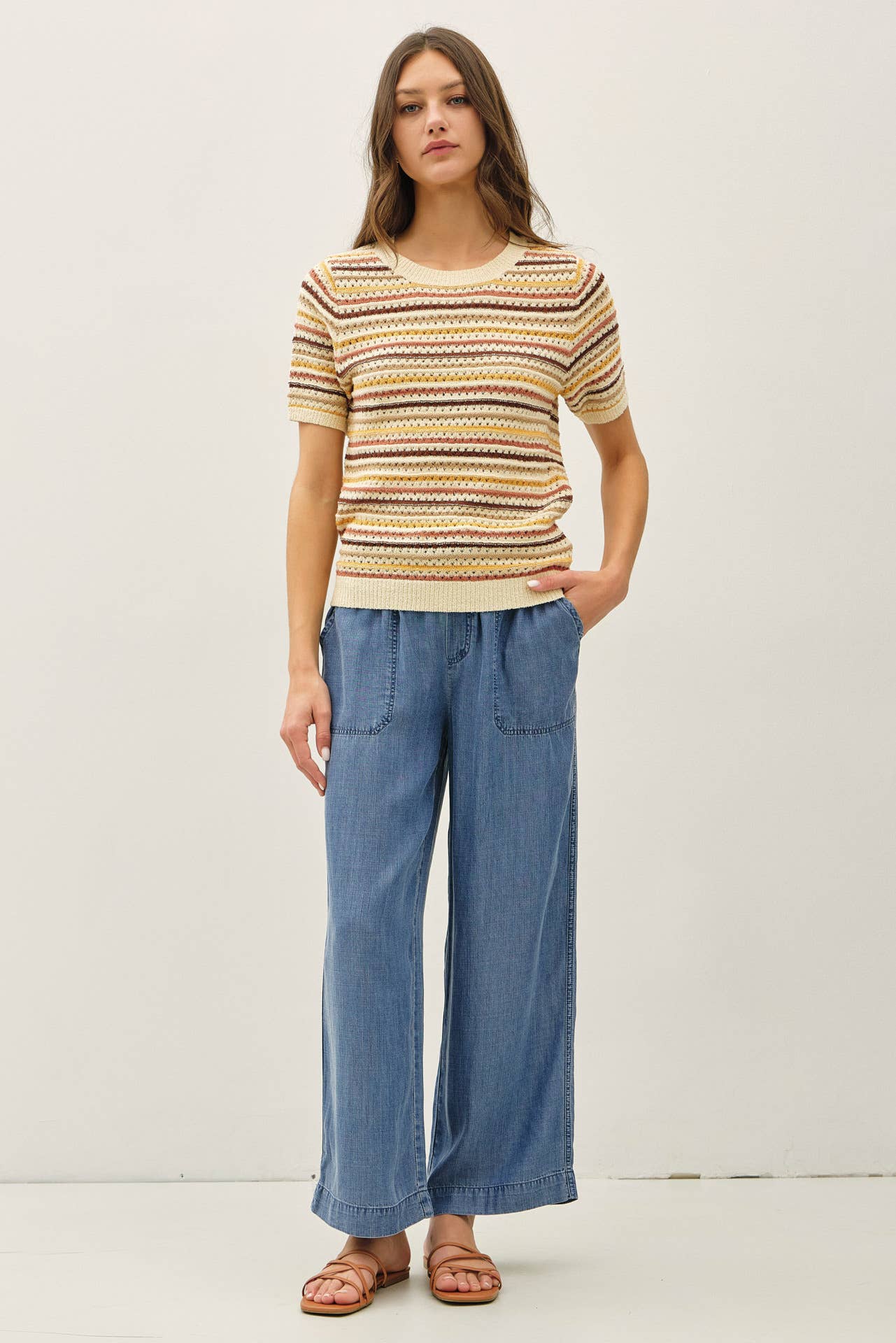 Stripe Short Sleeve Textured Sweater