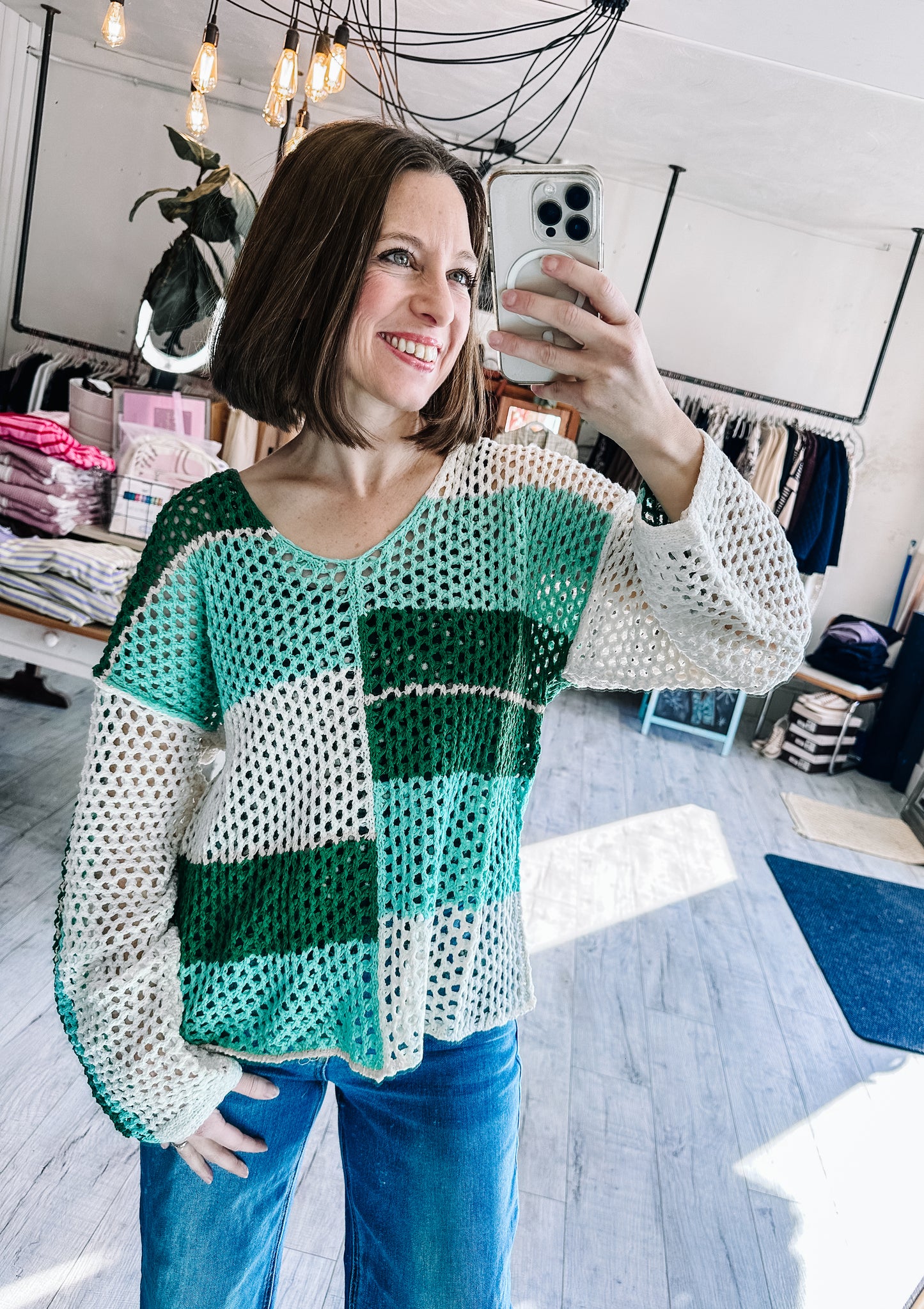 Color Block Oversized Summer Knit Sweater Top in Mint Green