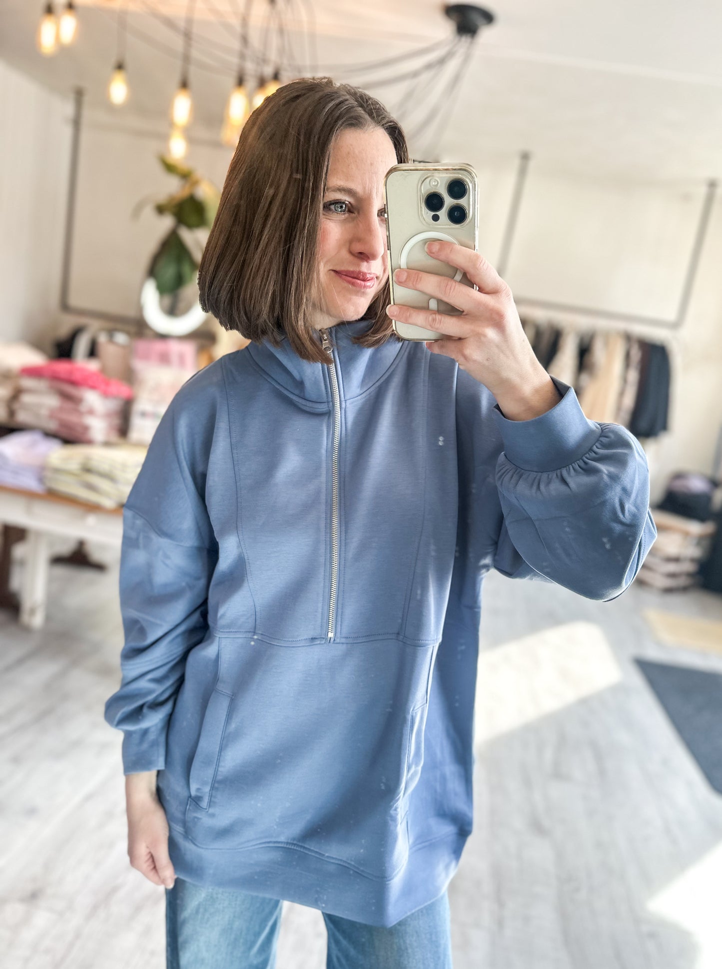Half Zip UP Oversized Casual Comfy Knit Top in Denim Blue