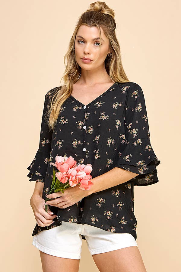 Floral Button Top in Black