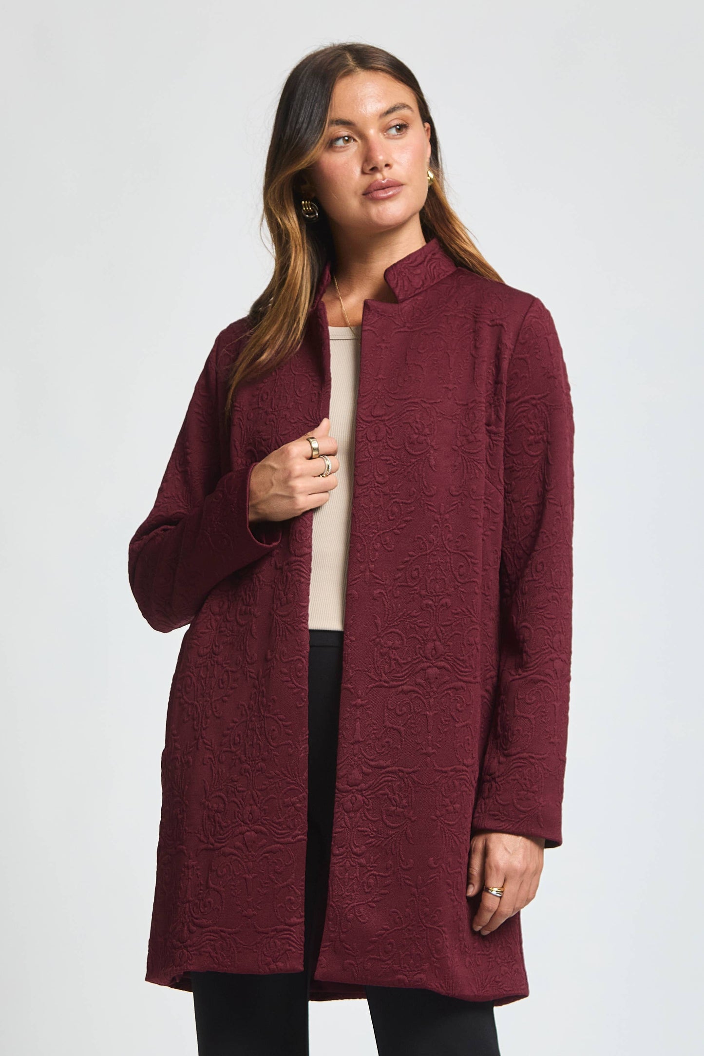Elegant Jacquard Midi Coat in Wine