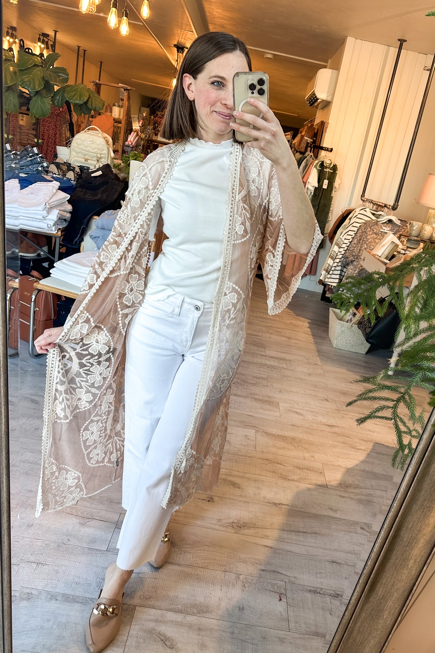 Contrast Mesh Cotton Lace Longline Kimono