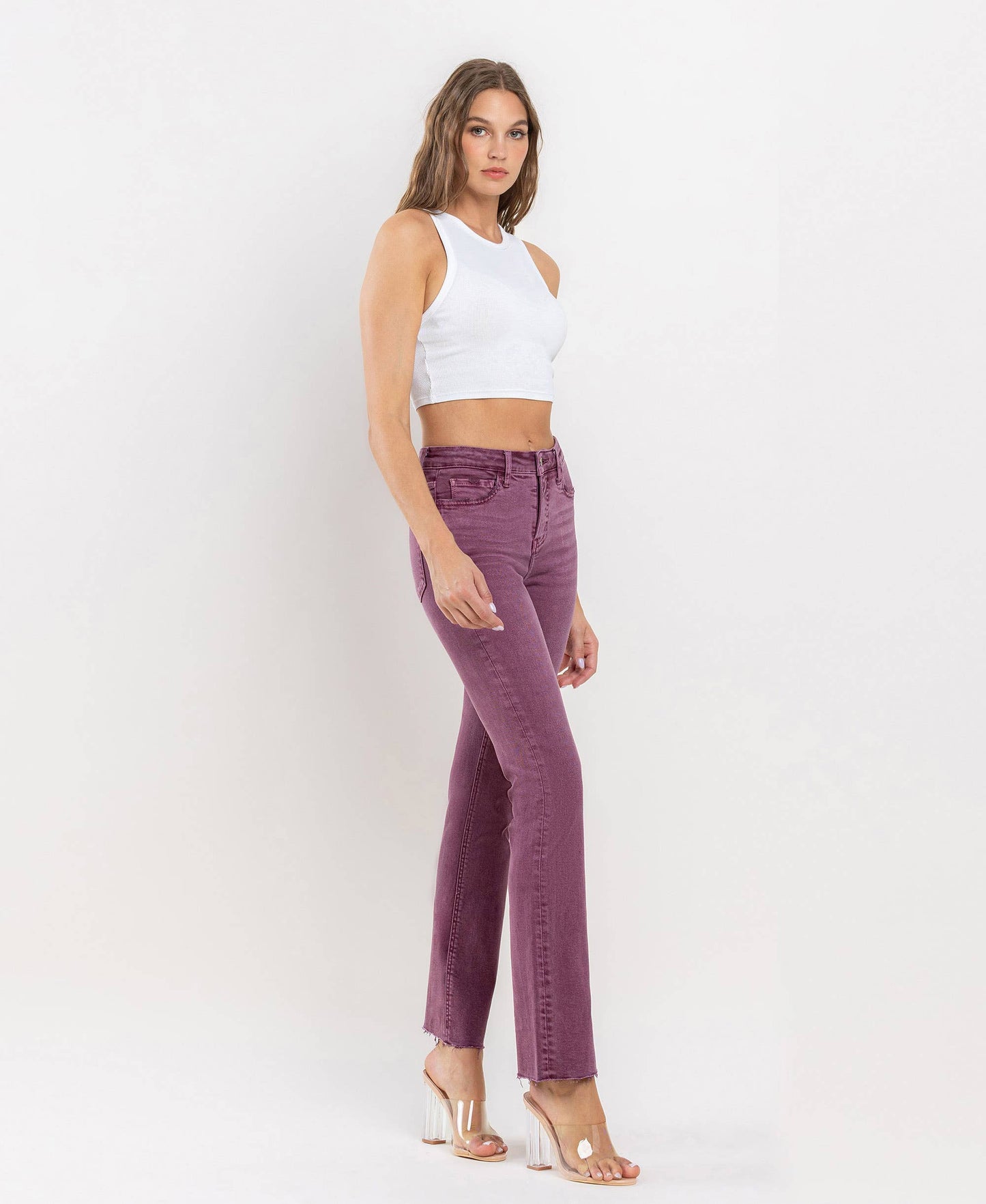 Mid Rise Raw Hem Bootcut in Sangria