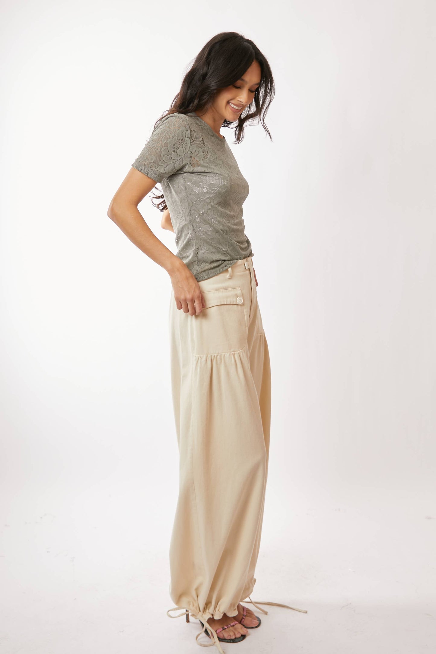 Mesh Lace Stretch Short Sleeve Blouse in Olive Khaki