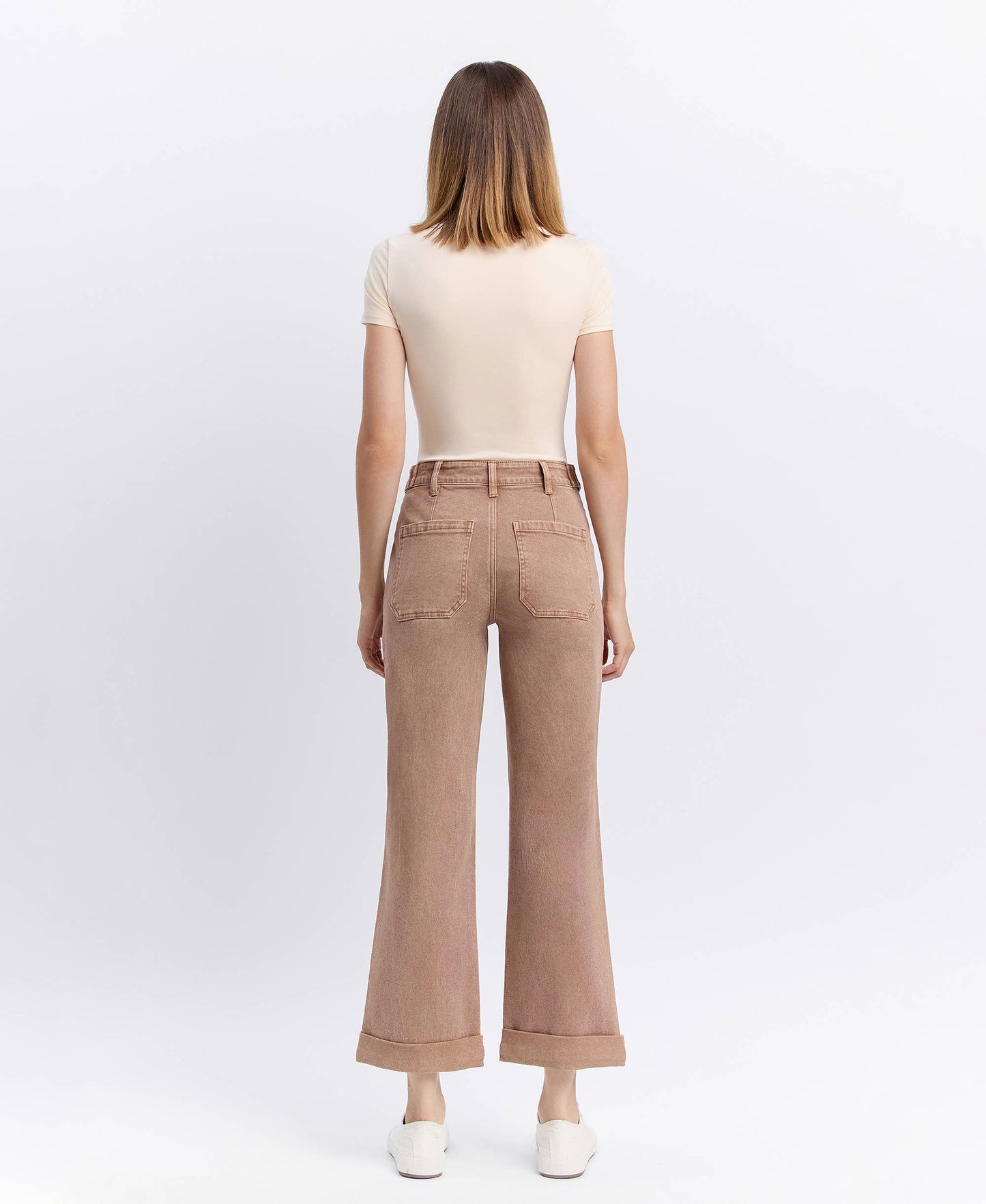 High Rise Tab Wide Denim in Warm Taupe by Flying Monkey