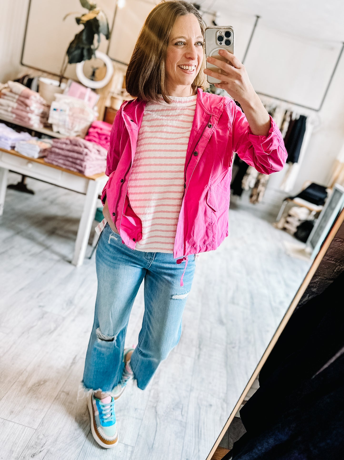 Snap Button Zip Up Hooded Jacket in Fuchsia Pink