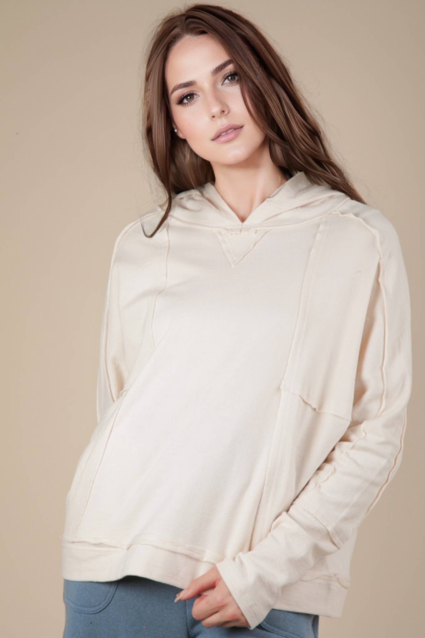 Raw Edge Cute Detail Hoodie Knit Top in Oatmeal