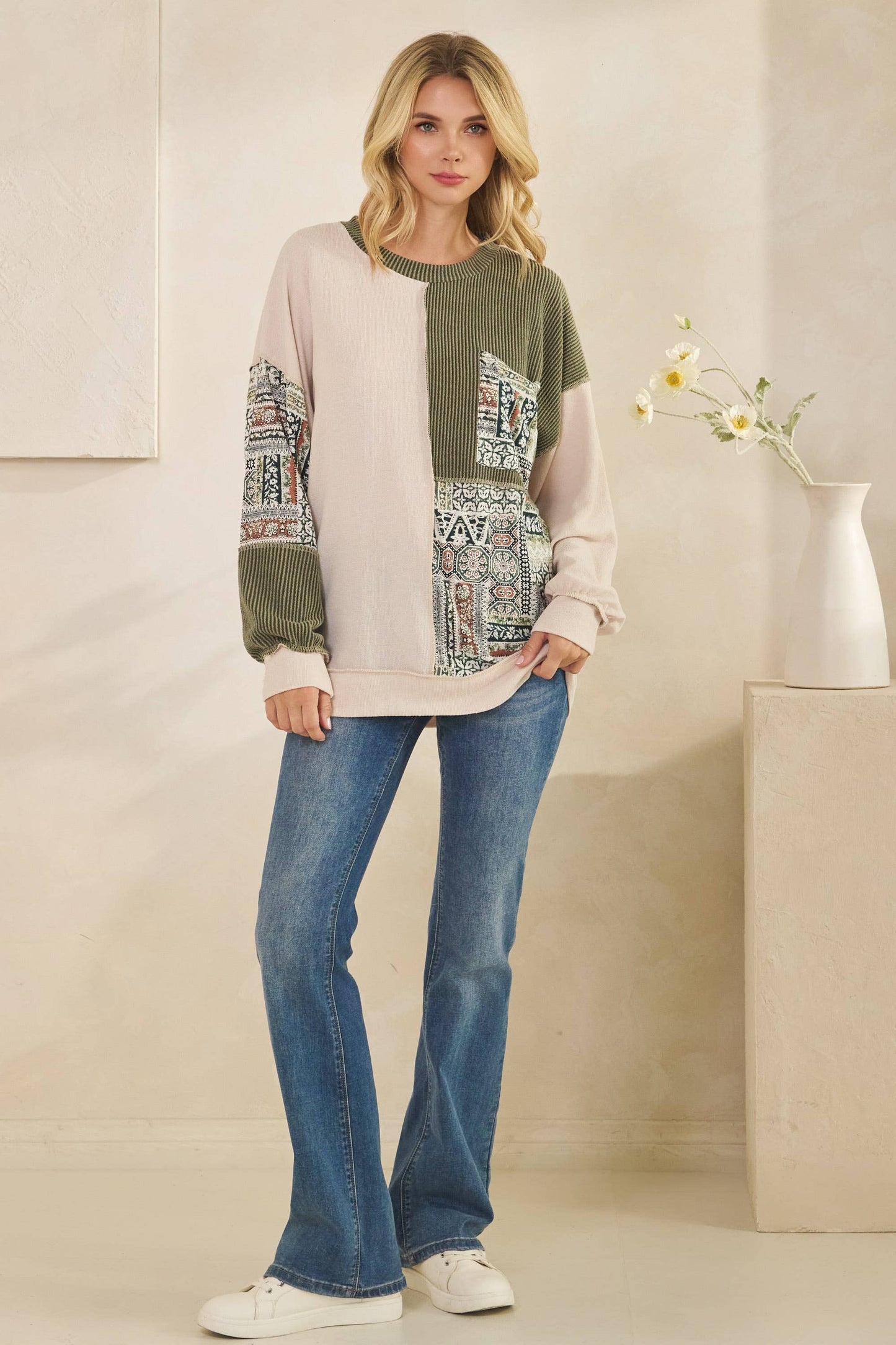 Patchwork Knit Long Sleeve Pullover Top in Burgundy or Olive