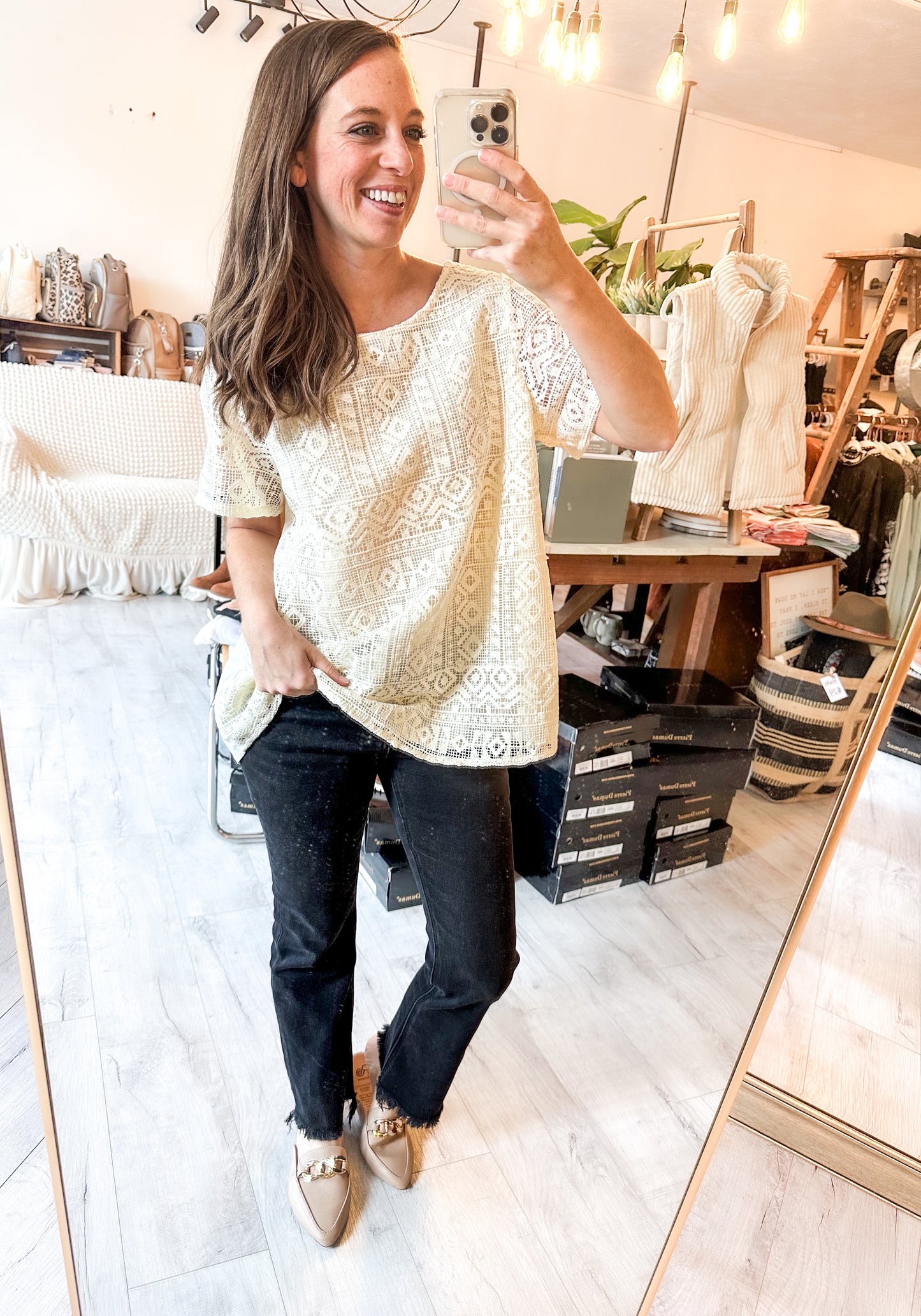 Smock Front Embroidery Short Sleeve Blouse in Natural