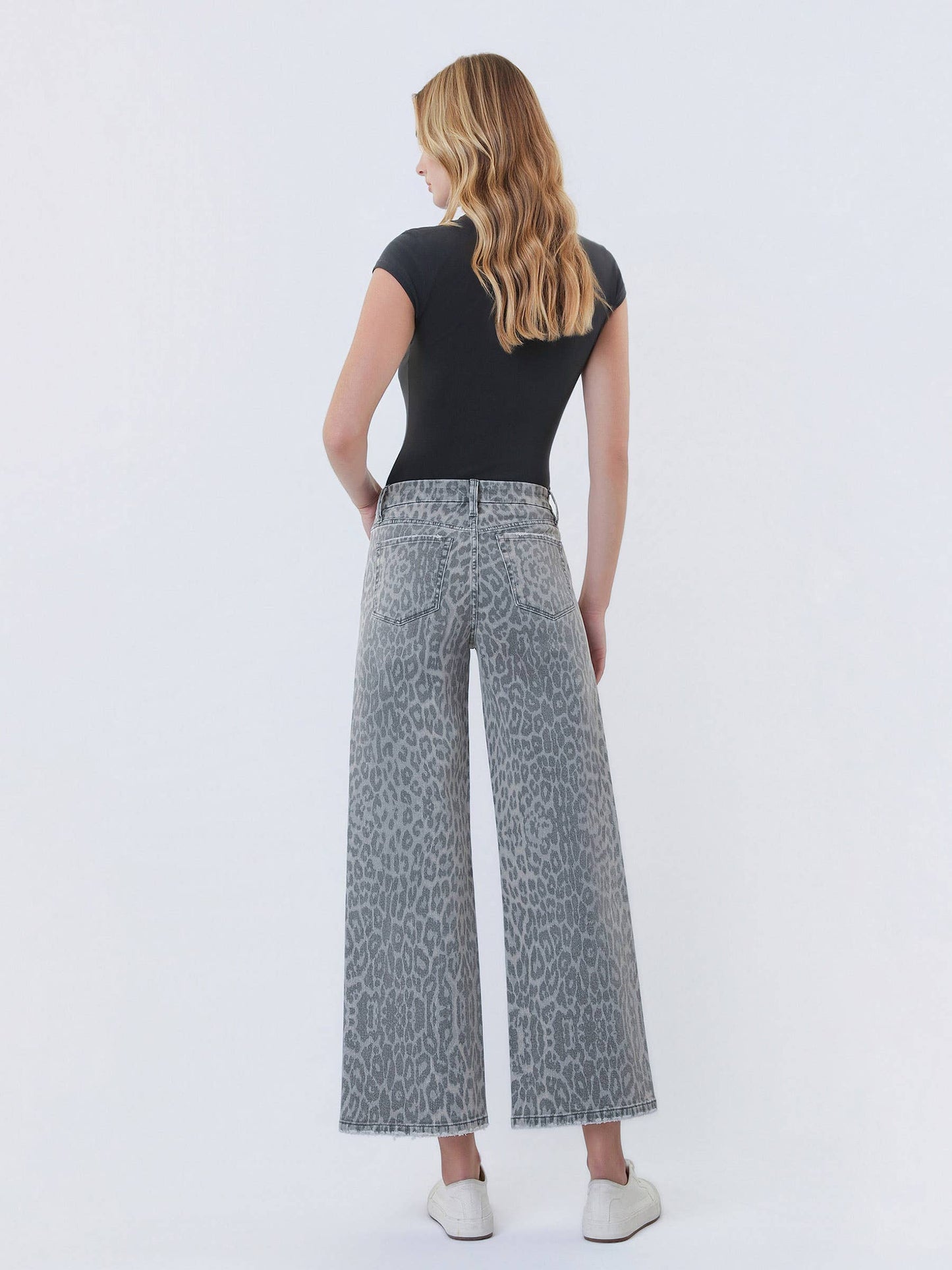 High Rise Grey Leopard Wide Leg Denim by Vervet