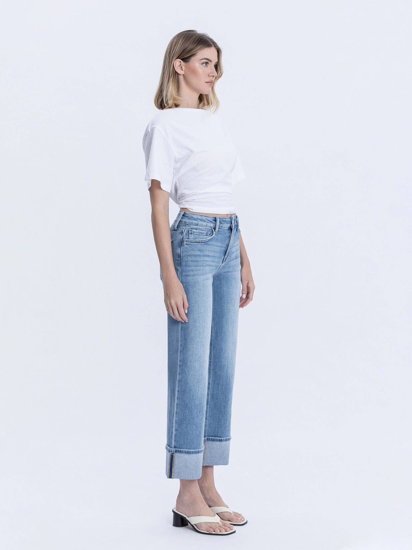 High Rise Medium Light Wash Cuffed Slim Wide Leg by Flying Monkey