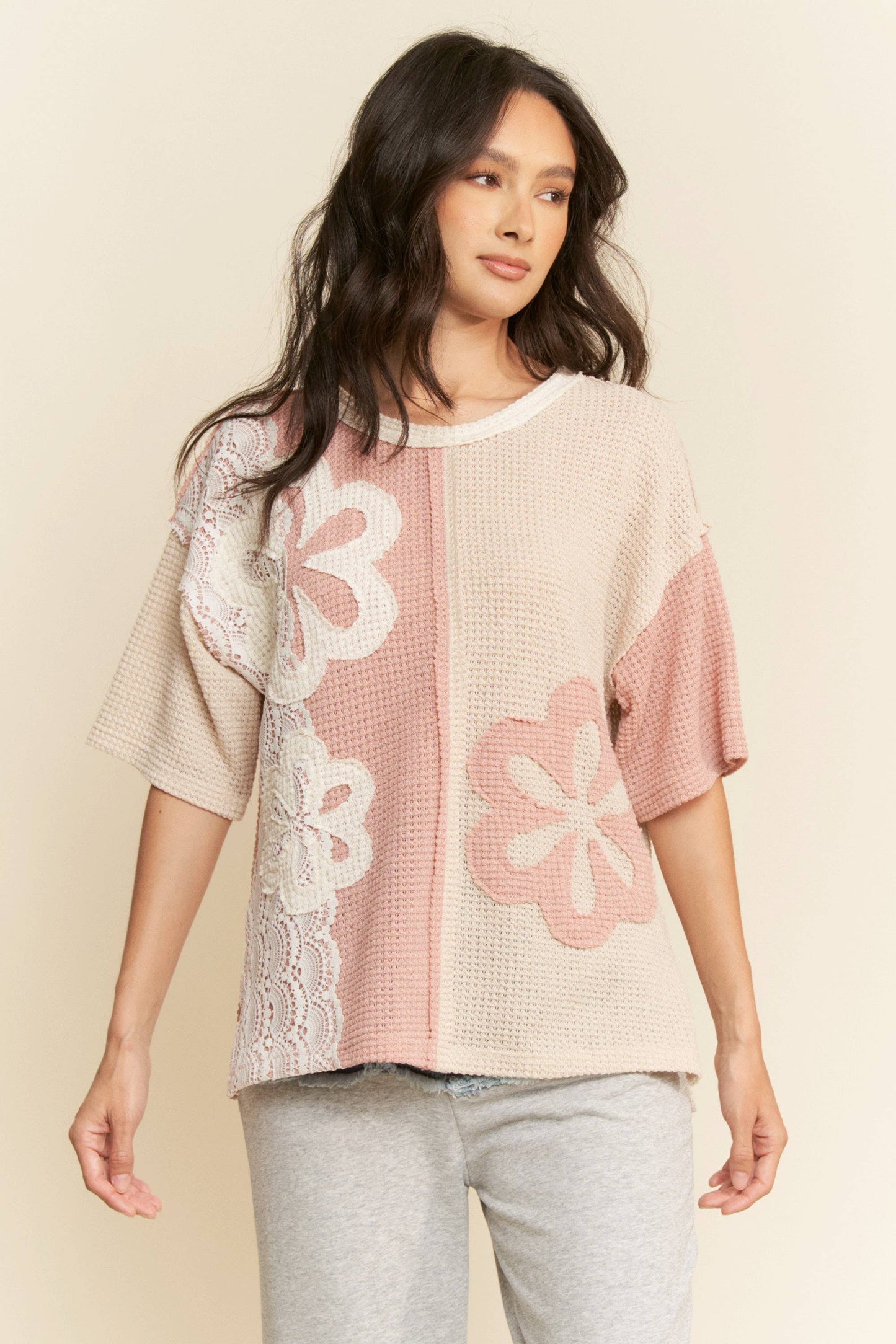 Patchwork Knit Pullover in Dusty Pink, Cream and Lace