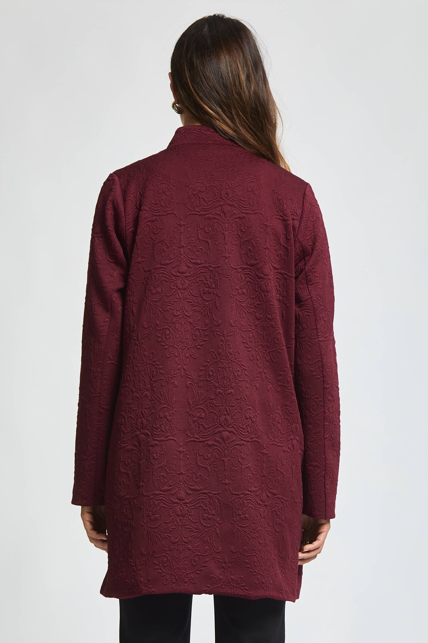 Elegant Jacquard Midi Coat in Wine