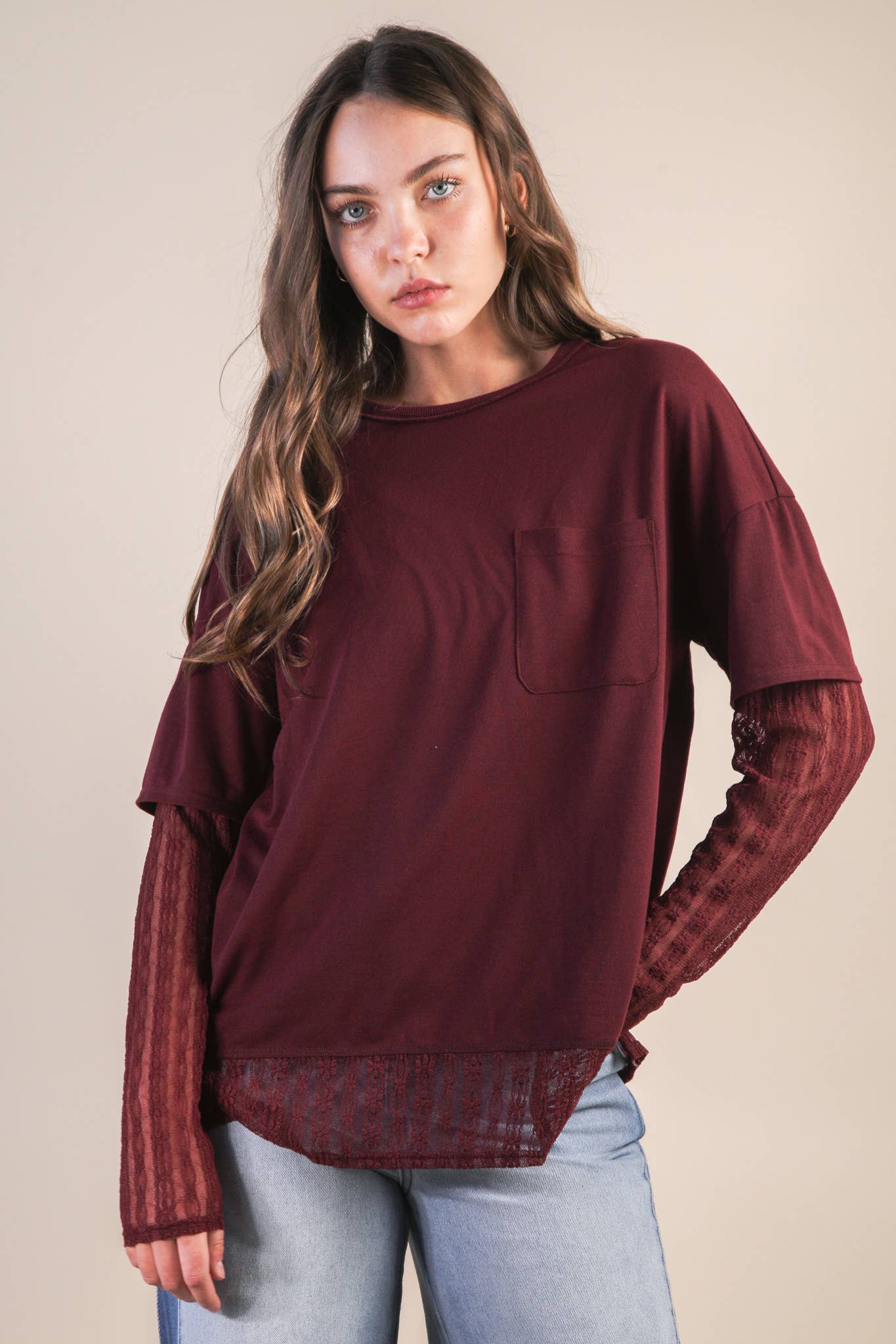 Oversized Casual Knit Top W/ Lace in Olive, Black or Wine