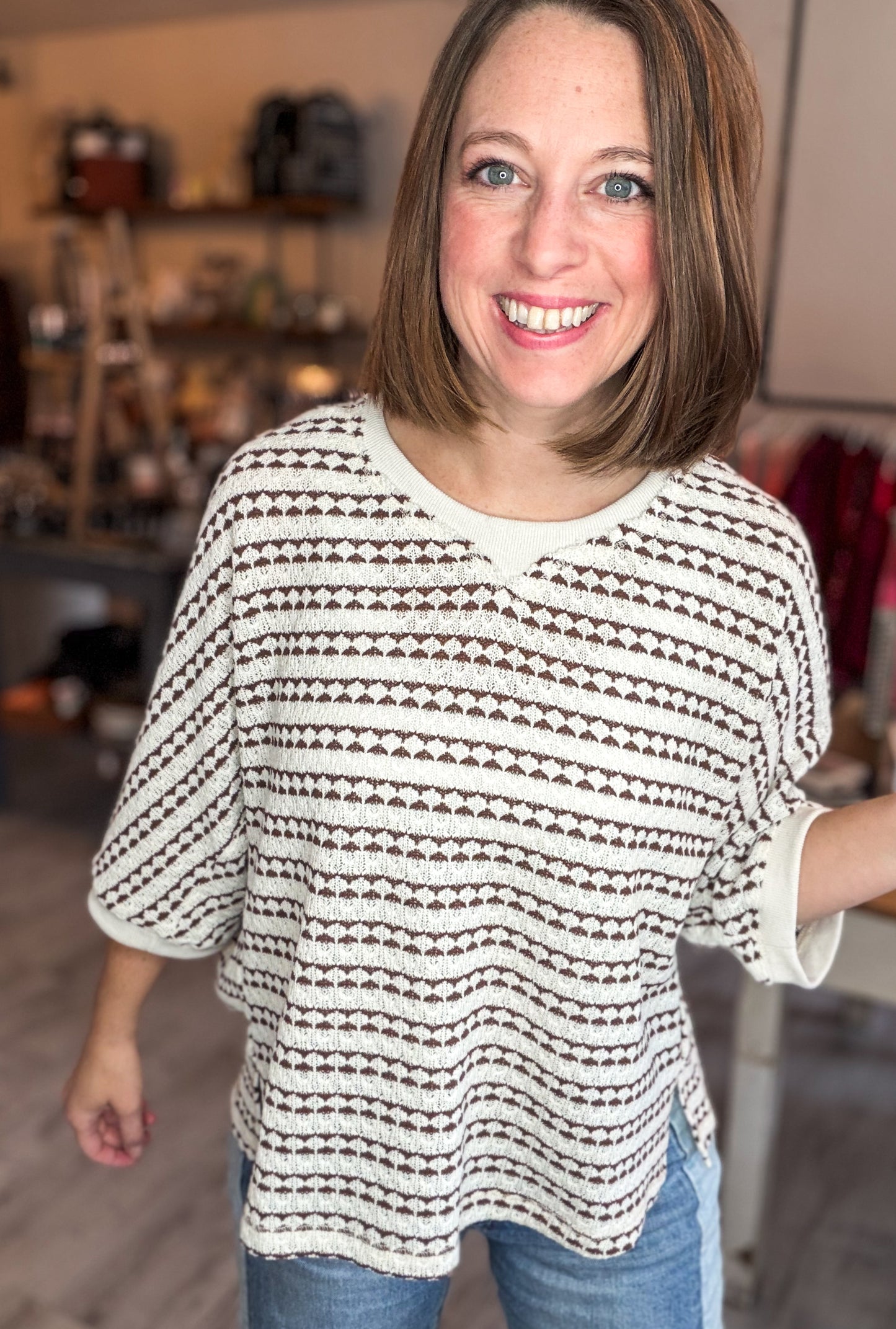 Textured Stripe Knit Top in Mocha & Cream