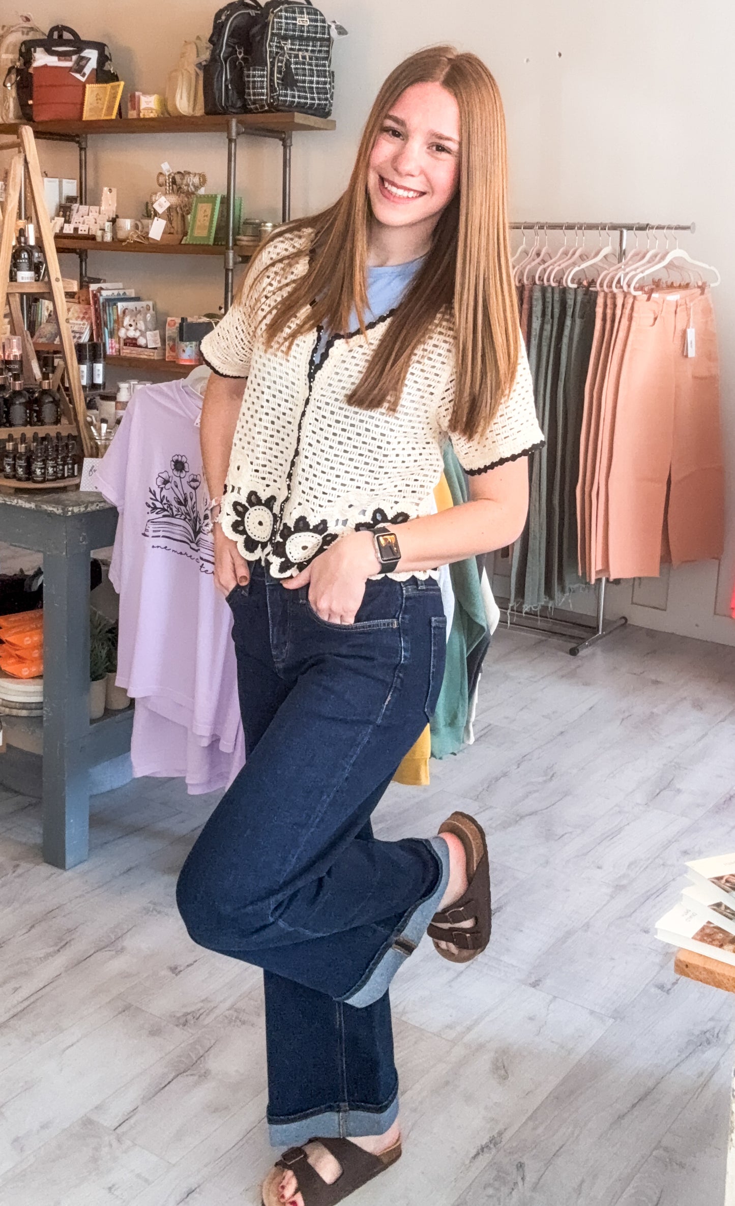 Floral Hem Crochet Button Down Top