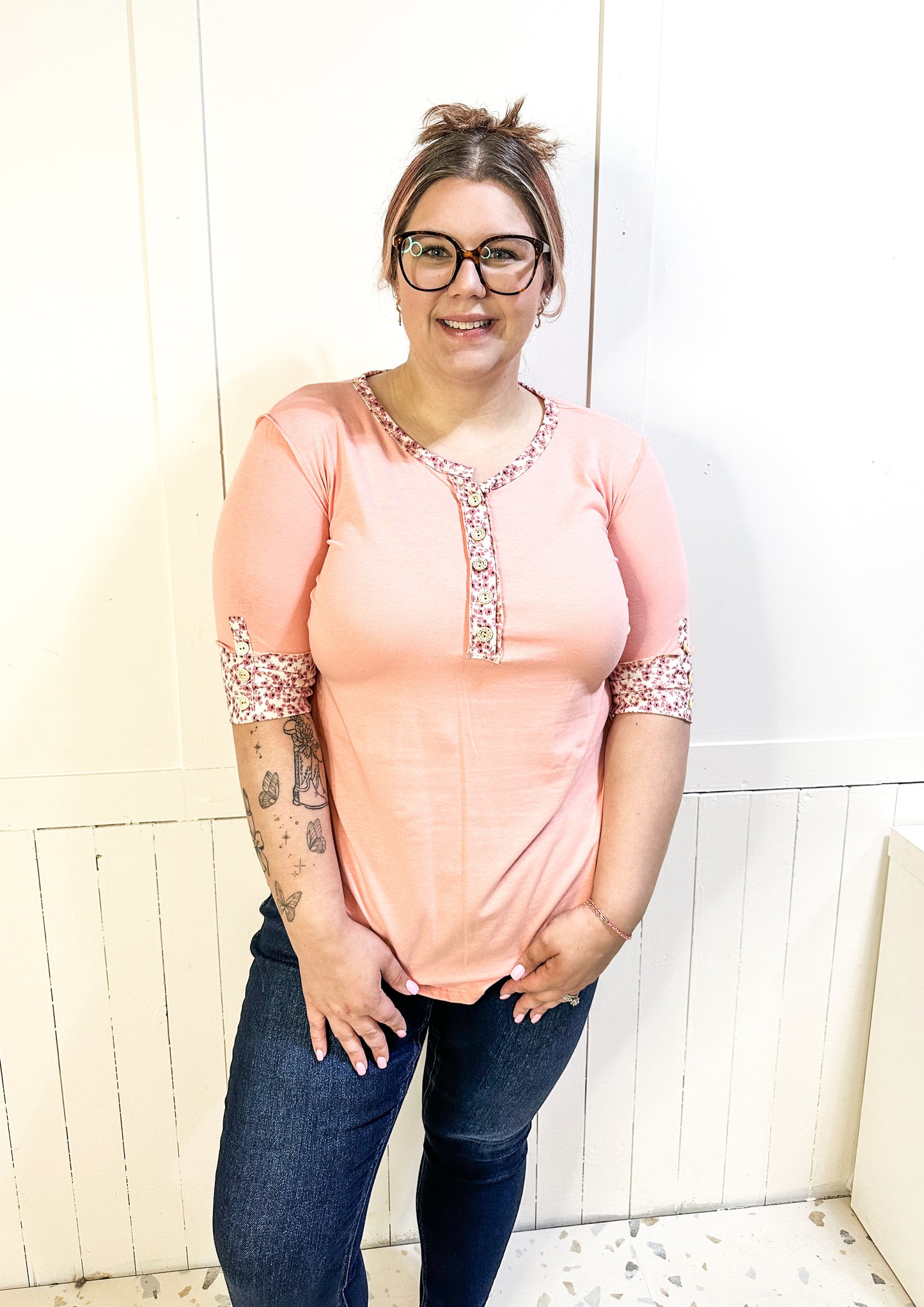 Floral Meadows Contrast Button Up Top