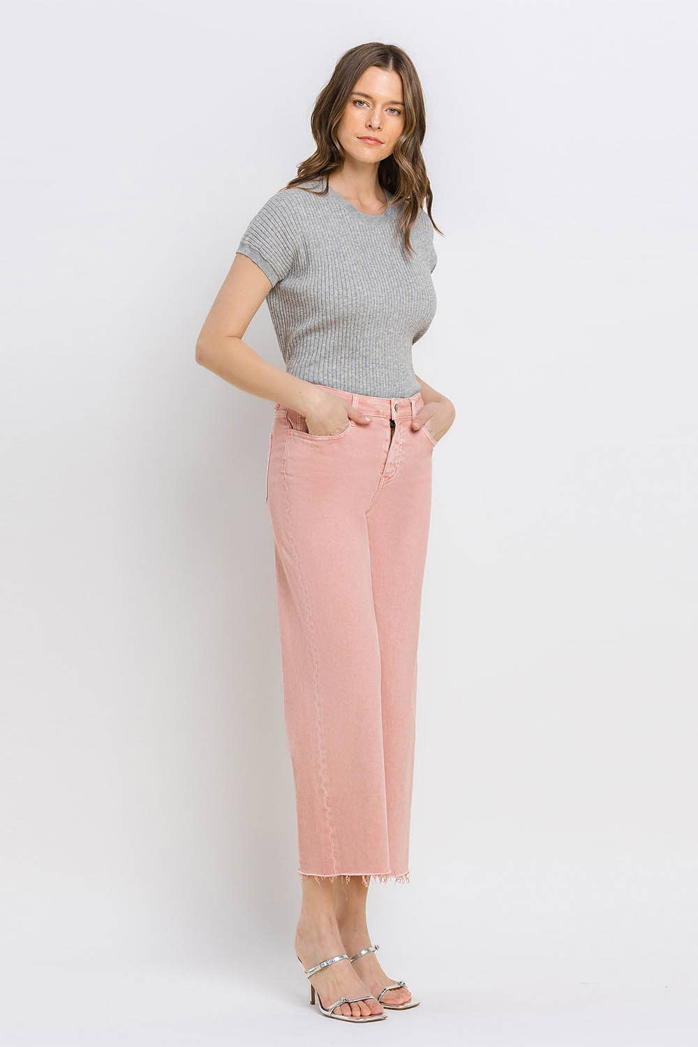 High Rise Crop Wide Leg Denim in Silver Pink by Vervet