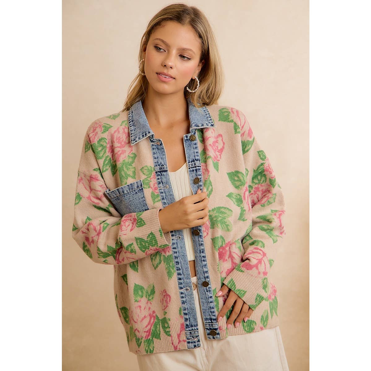 Floral Knit Denim Combo Shacket