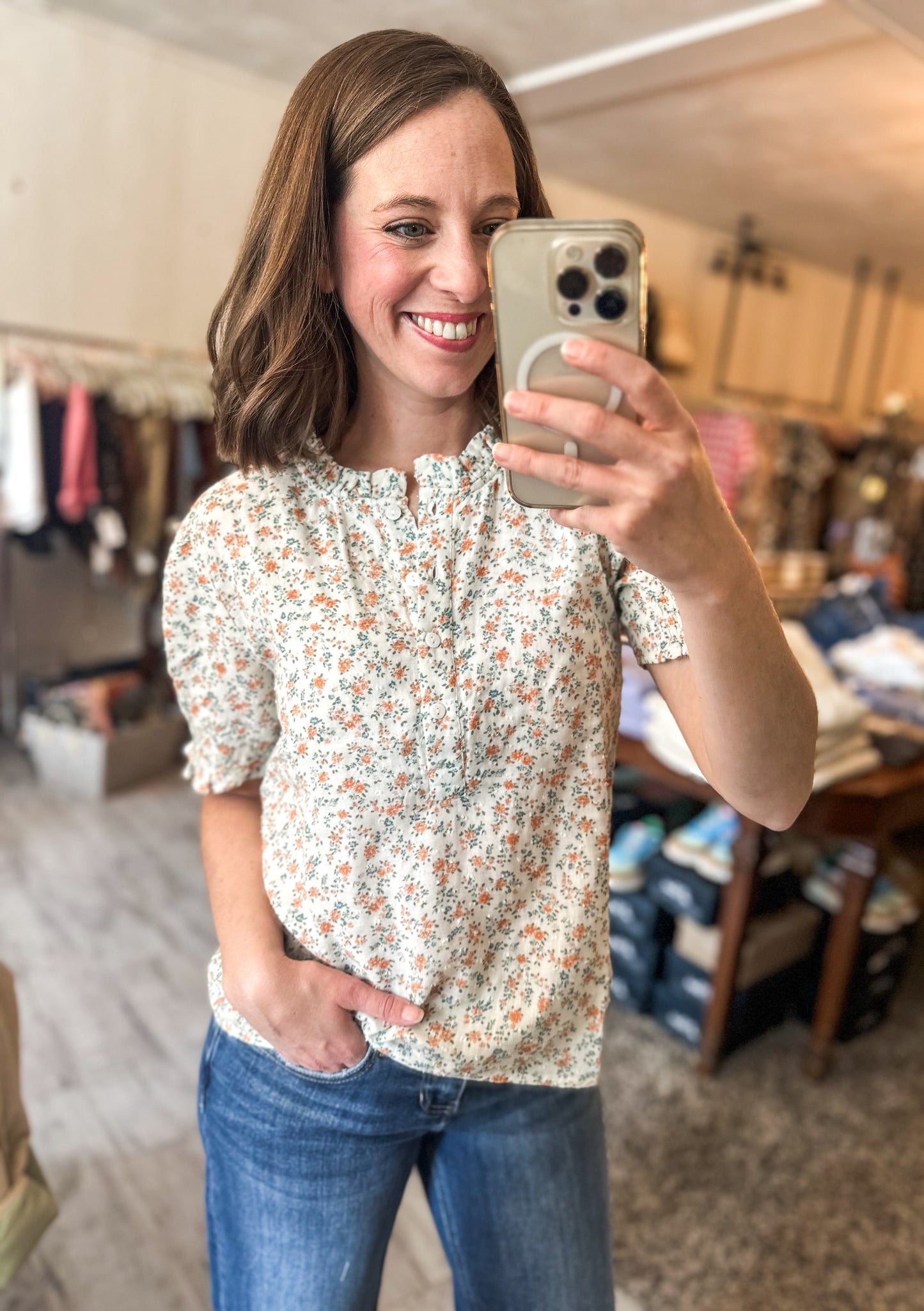 Aria Dainty Floral Print Short Sleeve Ruffle Neckline Blouse