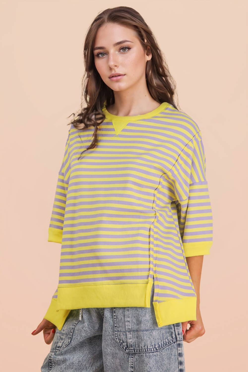 Oversized Stripe Casual Knit Top in Lavender & Lemon