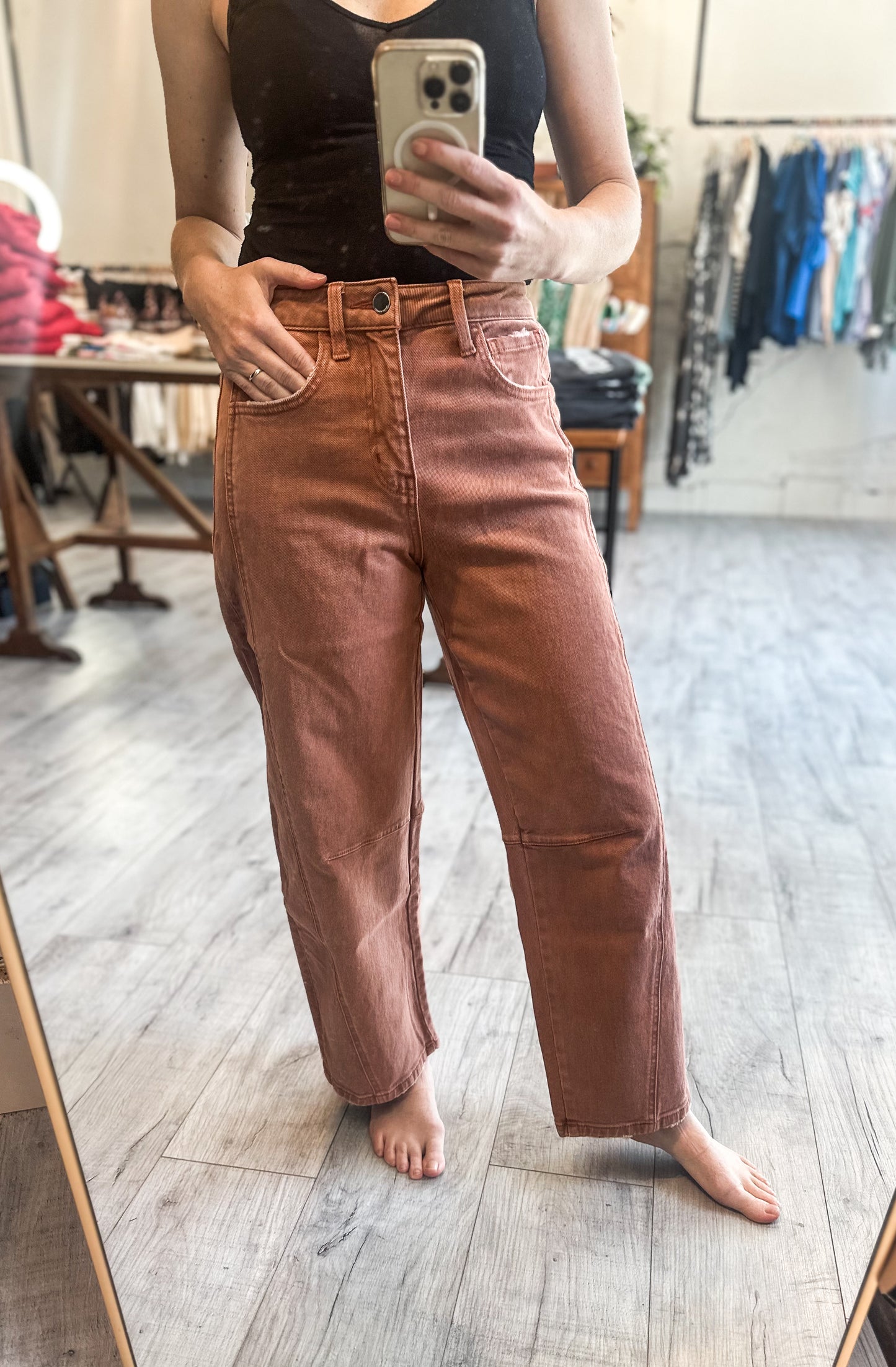 High Rise Twist Barrel Denim in Copper by Flying Monkey