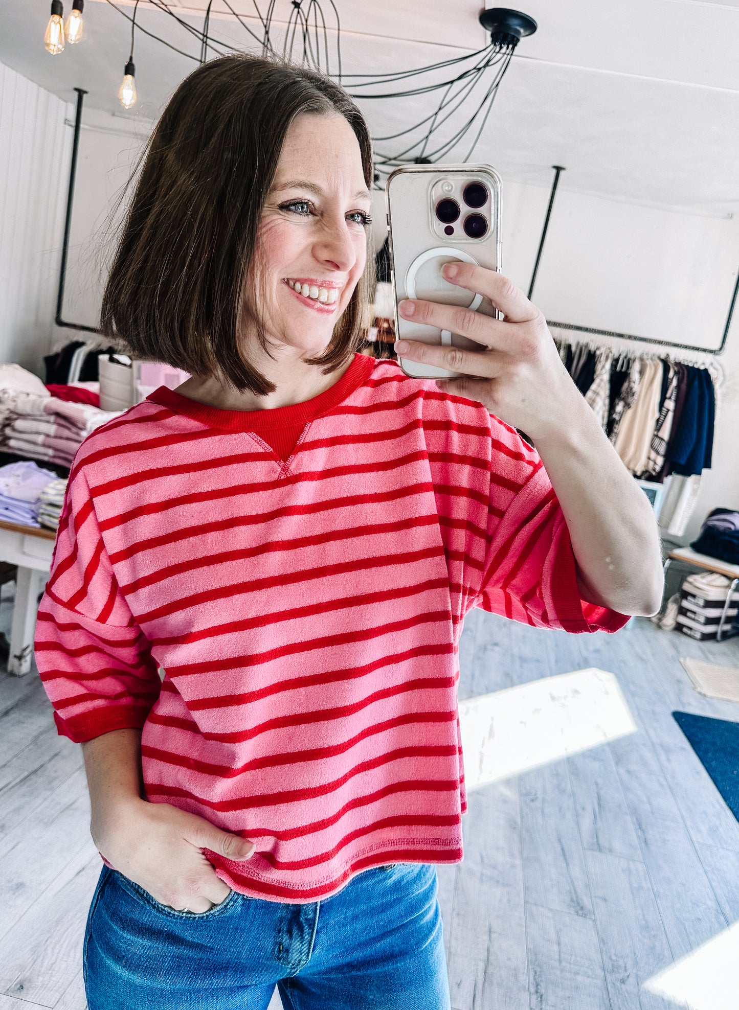 Oversized Stripe Casual Comfy Knit Top in Pink & Red