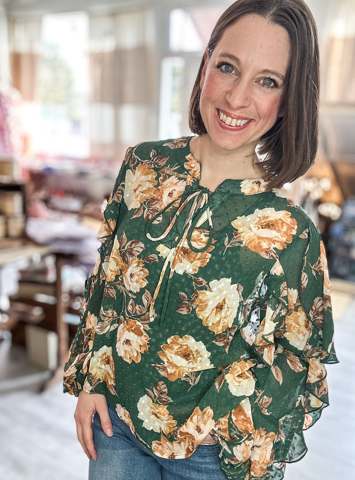 Dotted Floral Textured Blouse in Green and Gold