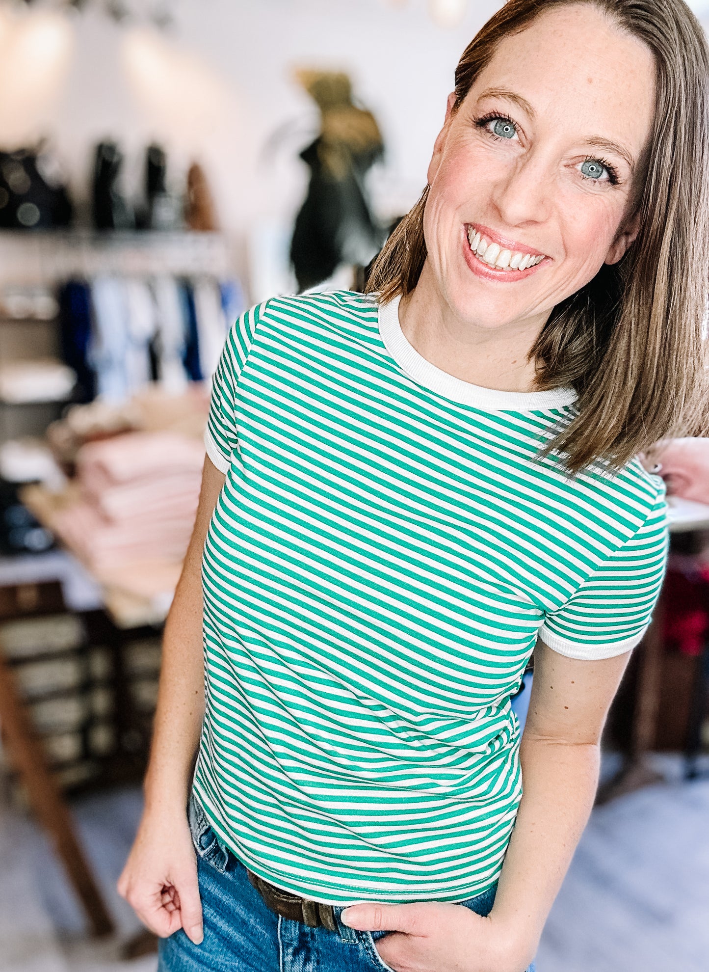 Striped Contrast Trim Tee in Kelly Green & Lavender