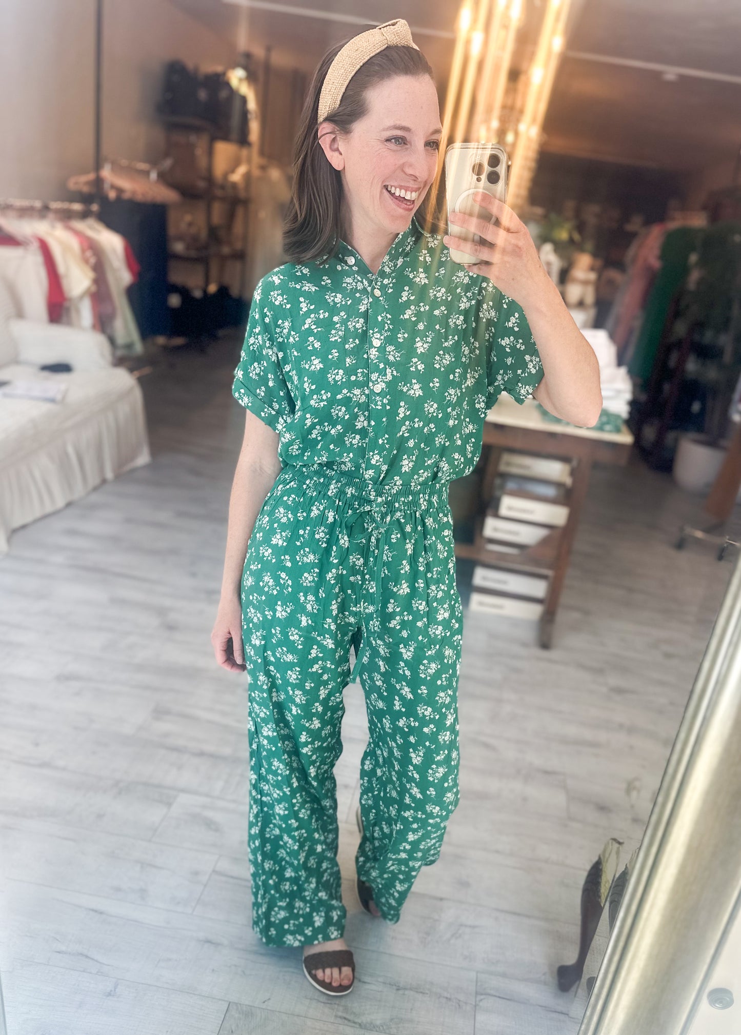 Green Ditsy Floral Print Comfy Pants