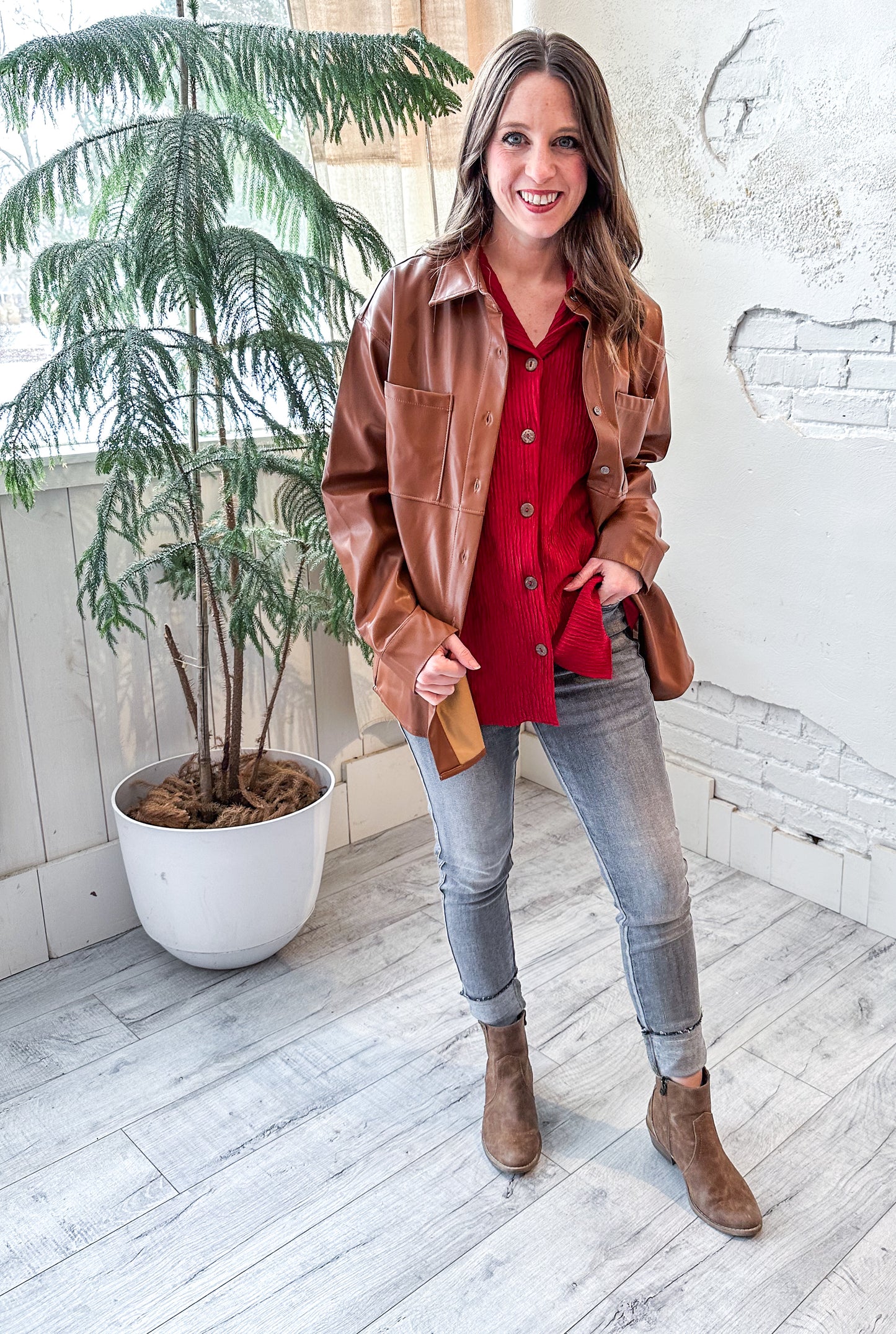 Faux Leather Button Down in Rich Cognac