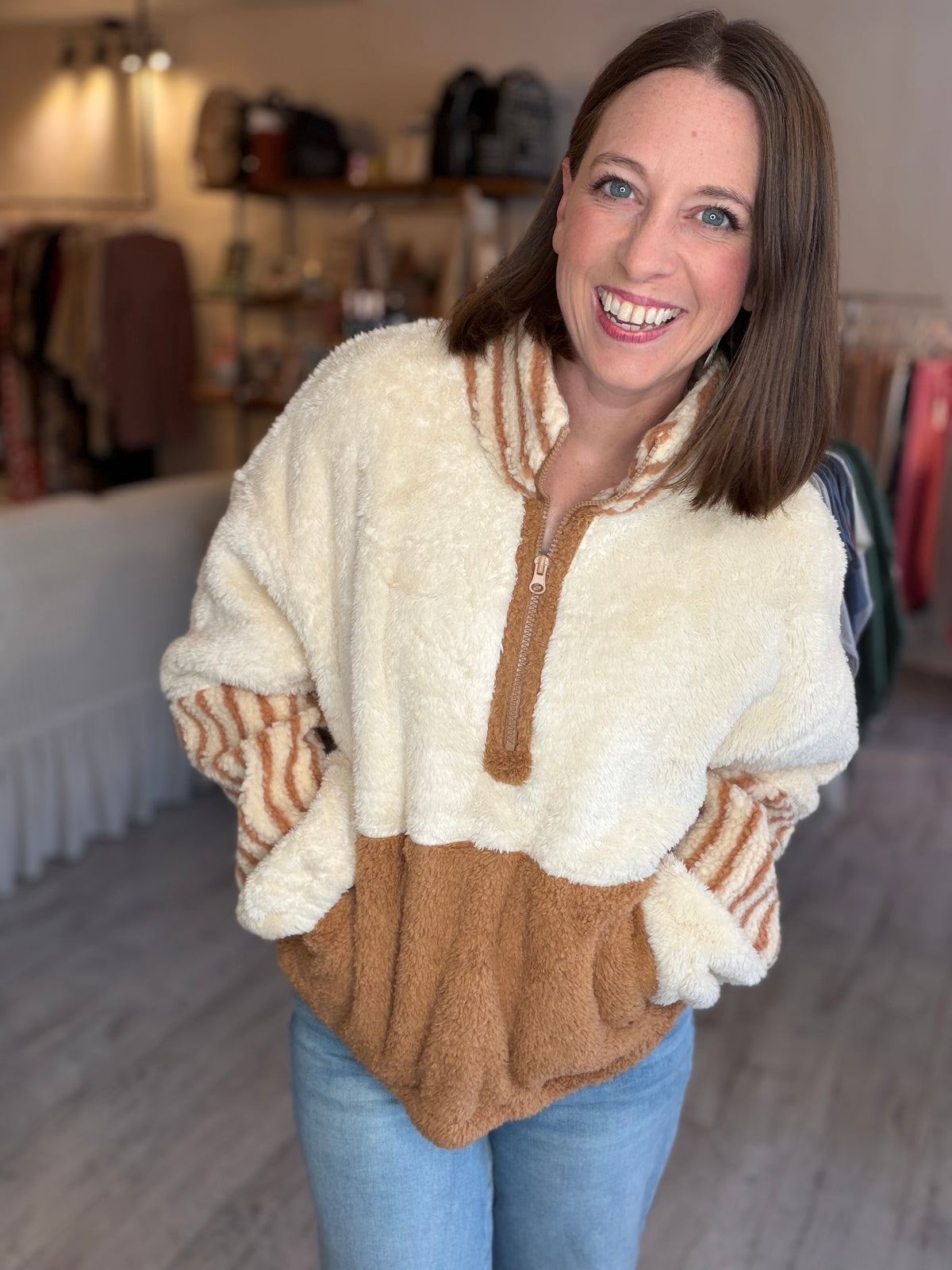 Color Block Sherpa Half-Zip Pullover in Taupe & Cream
