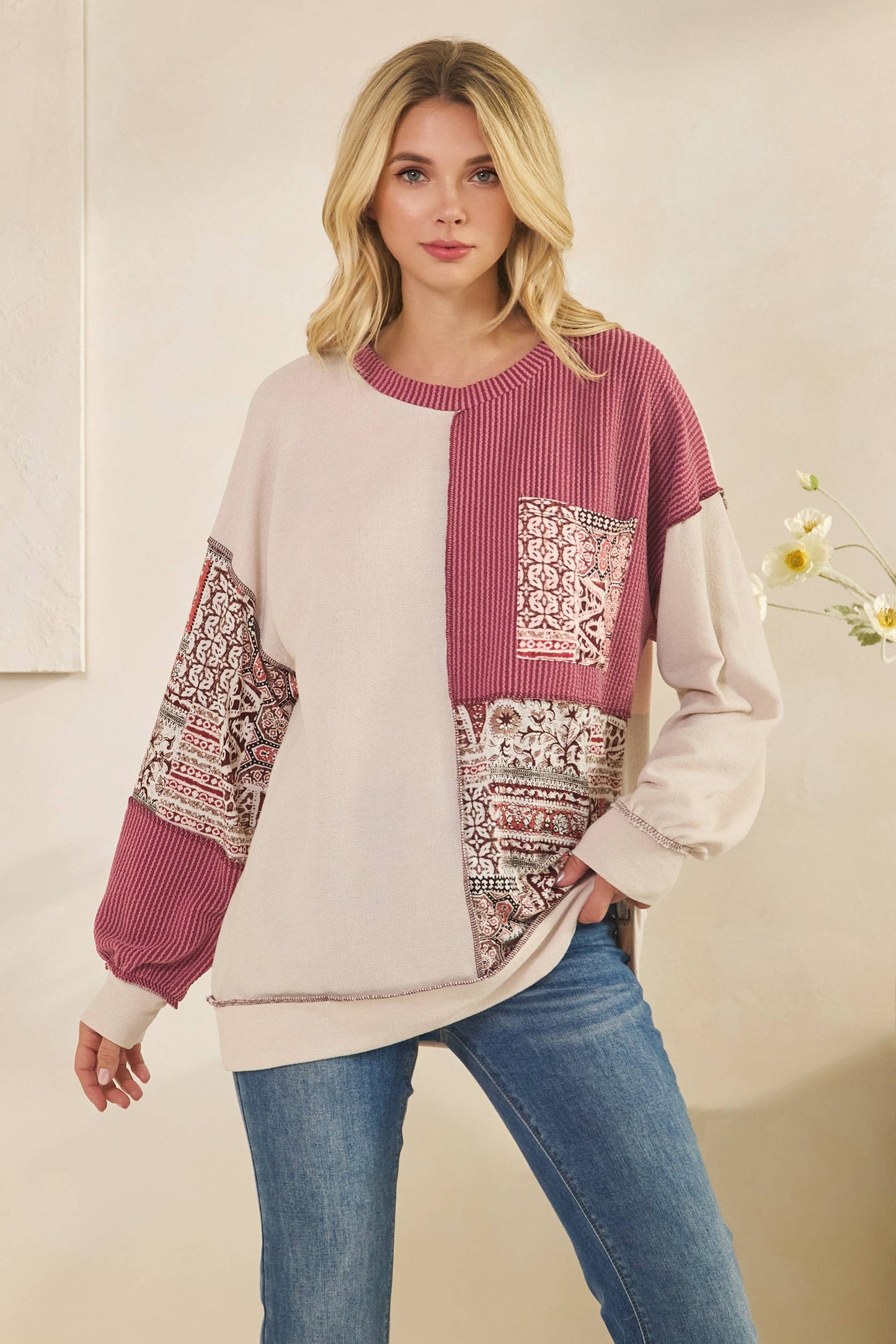 Patchwork Knit Long Sleeve Pullover Top in Burgundy or Olive